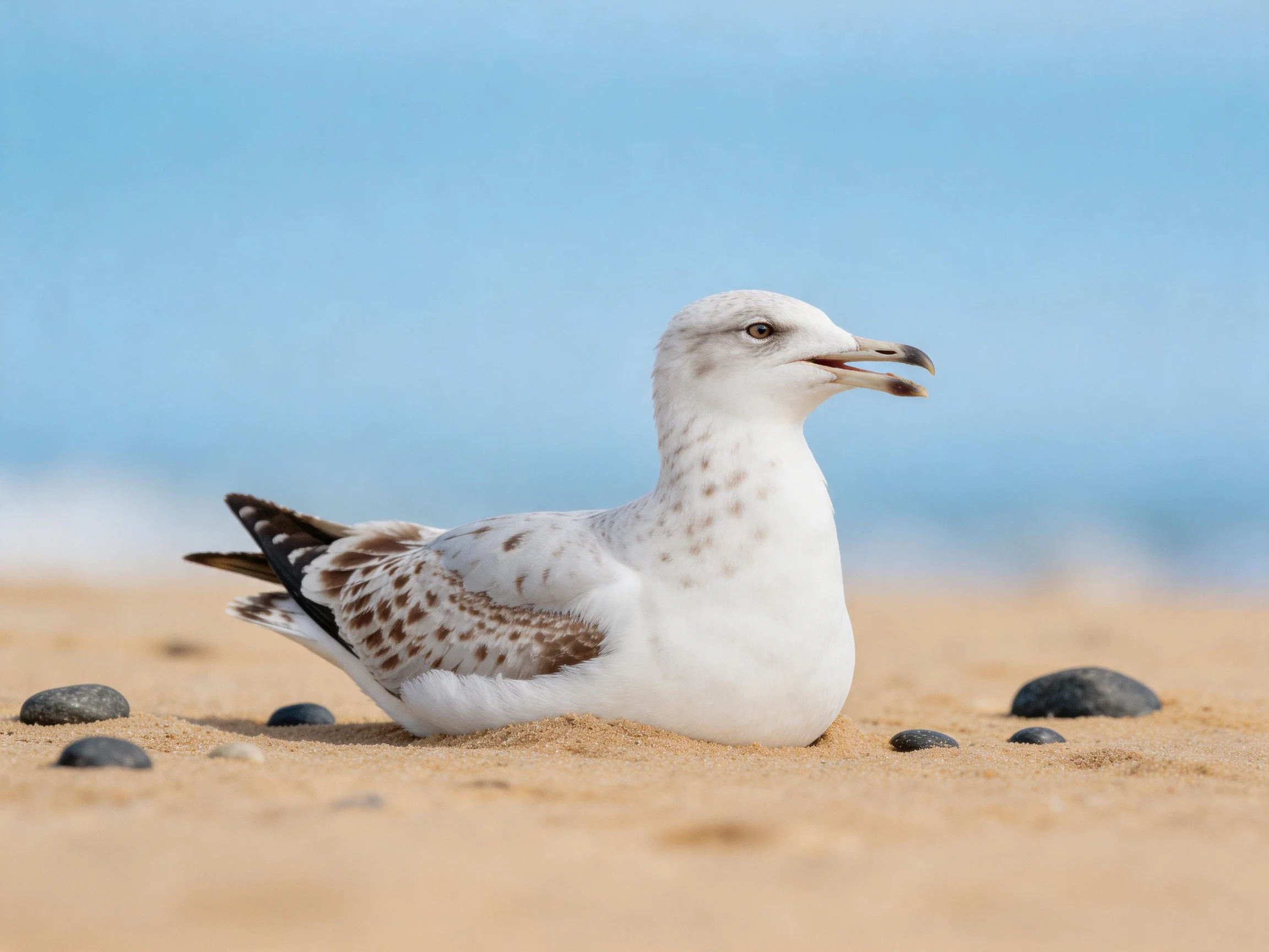 A white-spotted gull rests on sandy beach with scattered pebbles