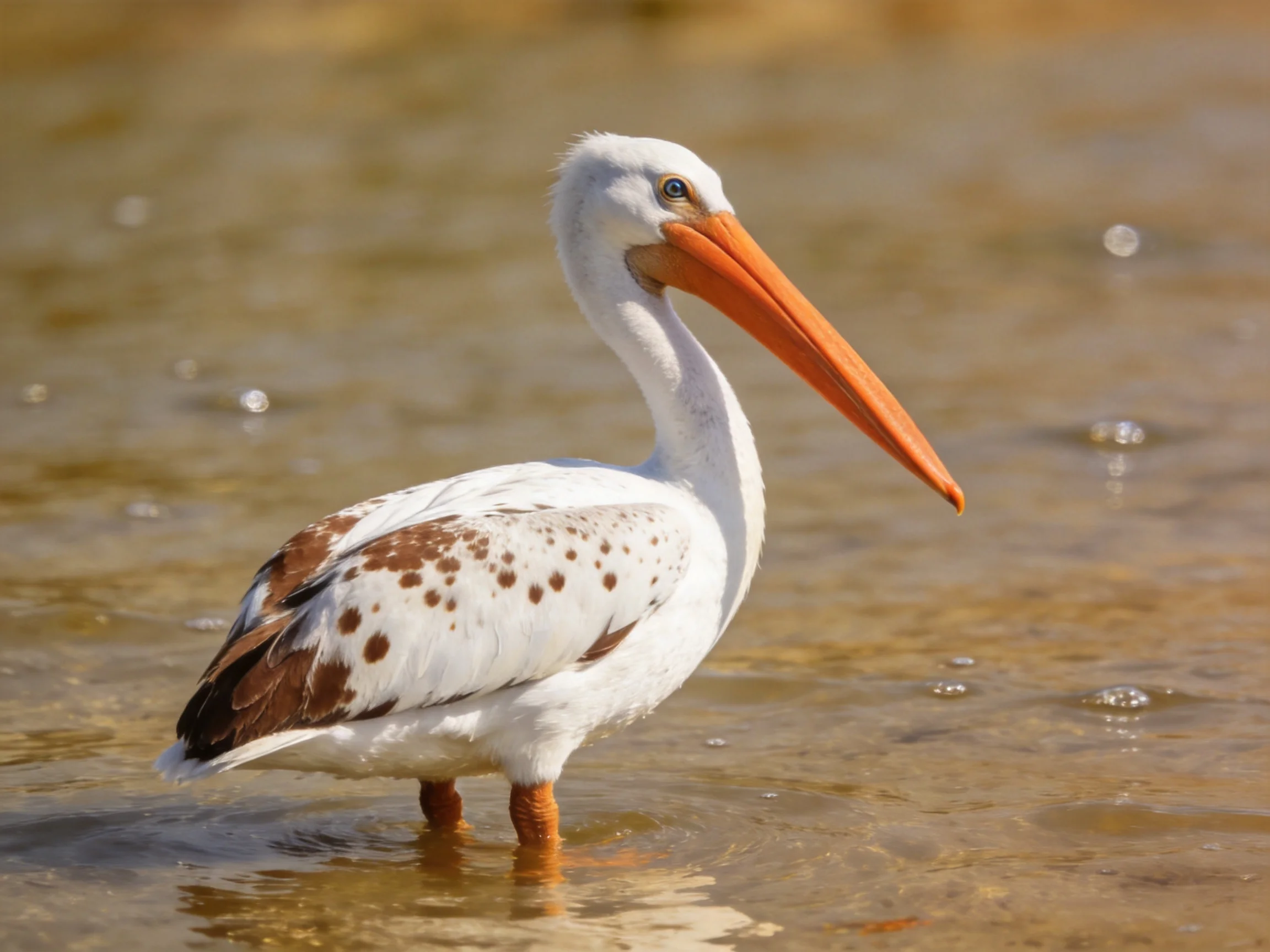 A white-spotted pelican with a long orange beak wades in shallow water