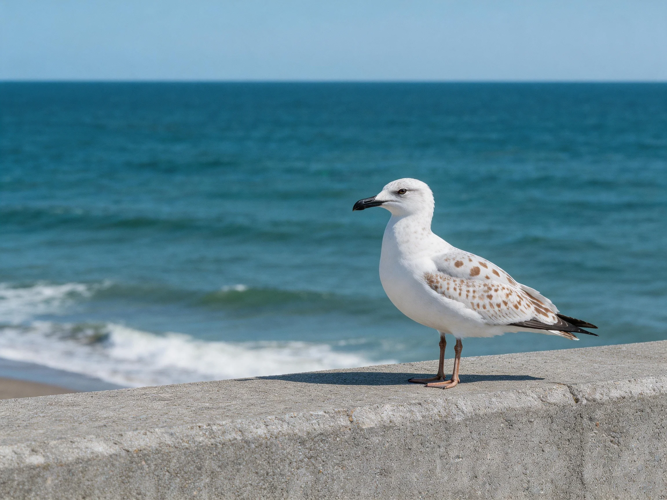 A white-spotted seagull perches on a concrete ledge by the blue ocean