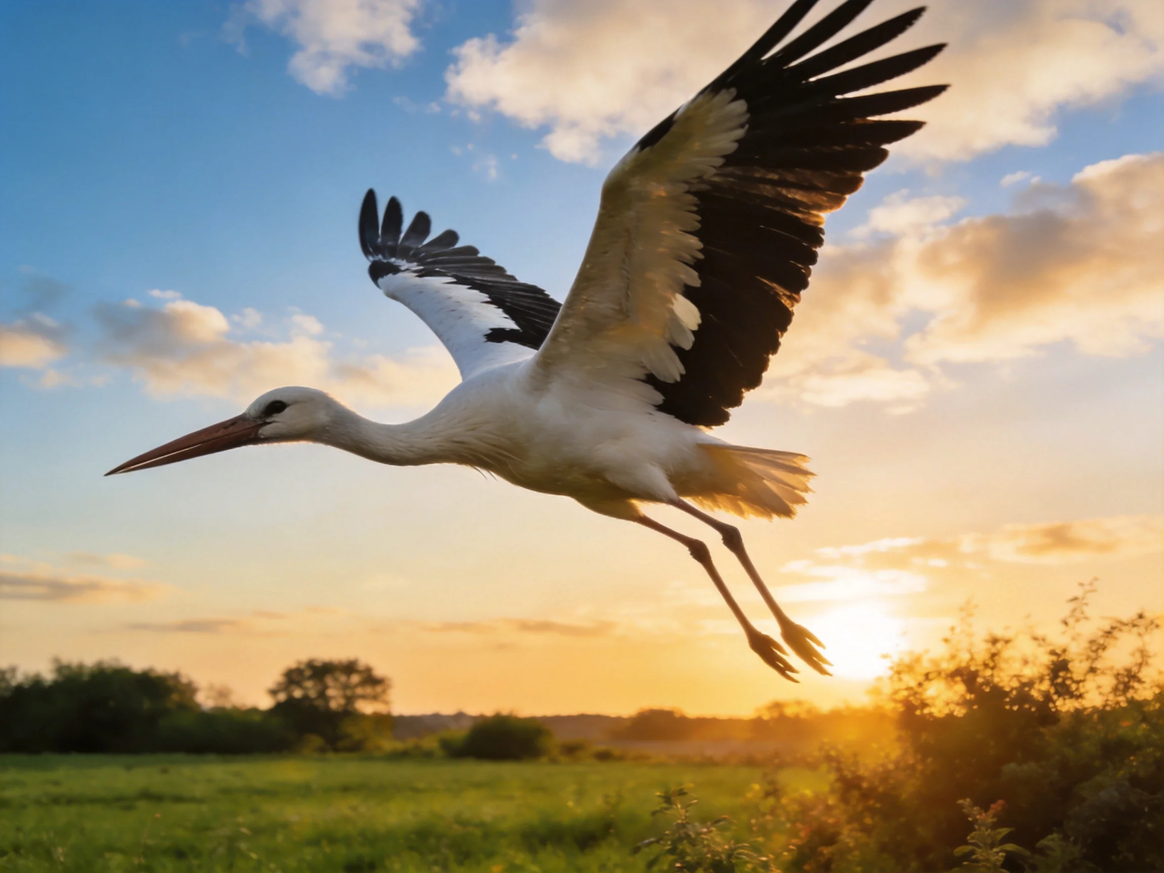 A white stork flies over green fields at sunset