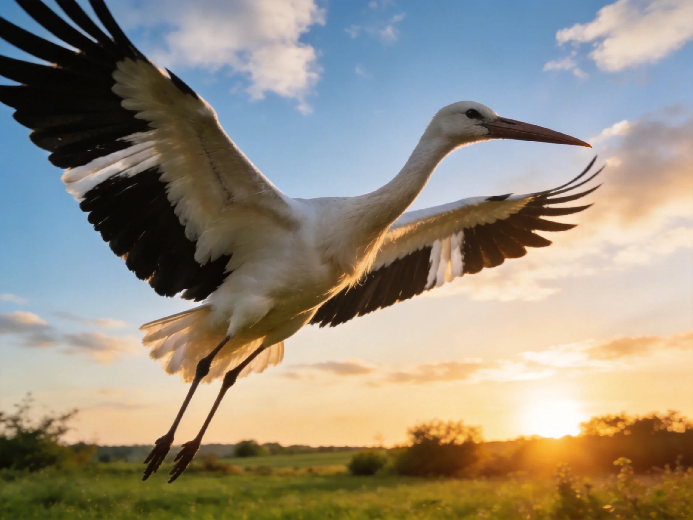 A white stork flies with black-tipped wings at sunset