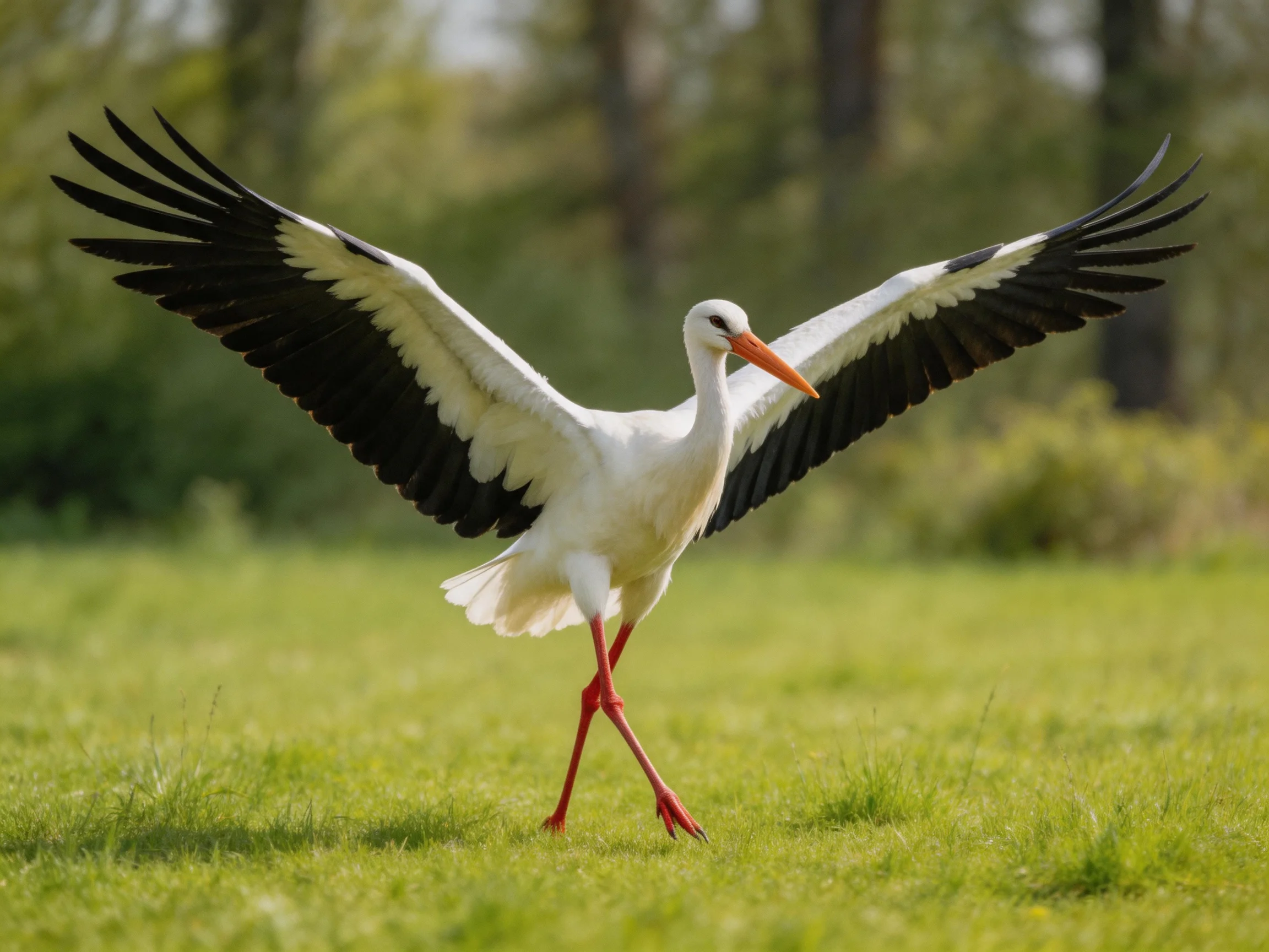 A white stork spreads black wings on green grass