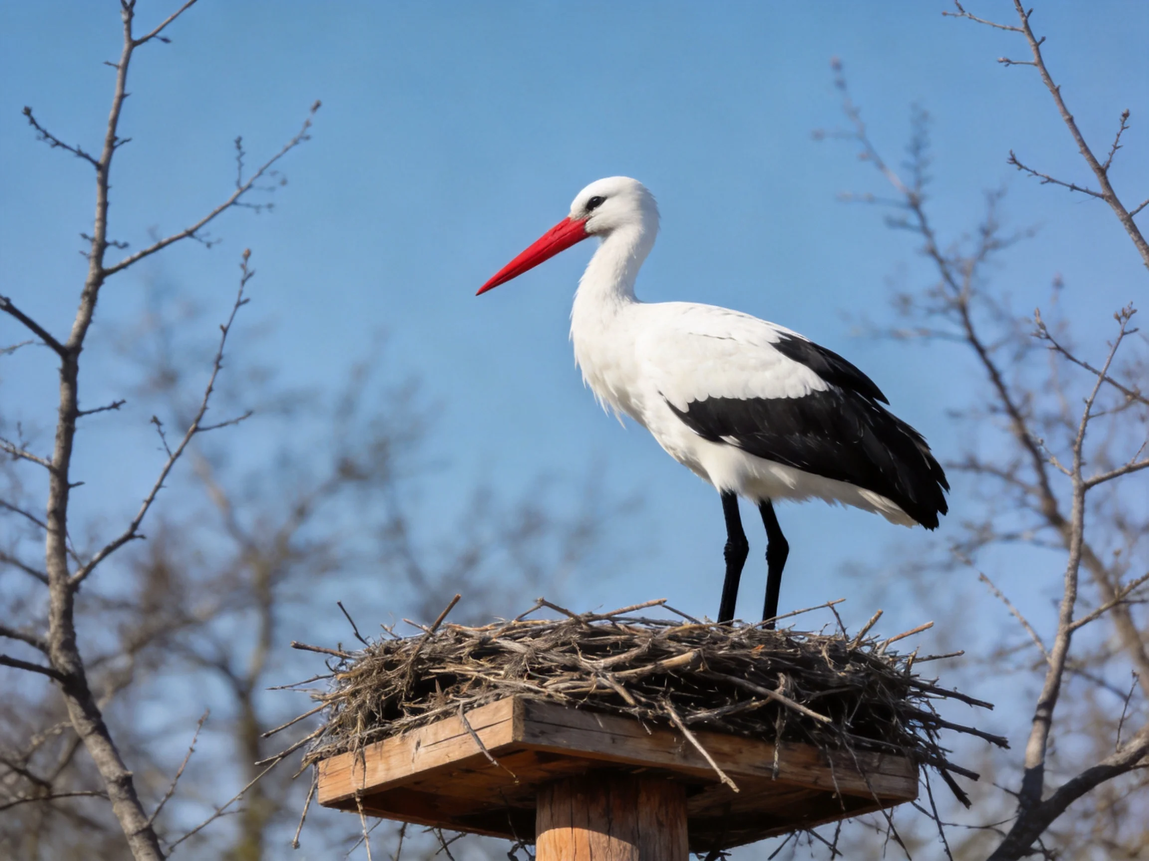 A white stork stands on a twig nest atop a wooden structure