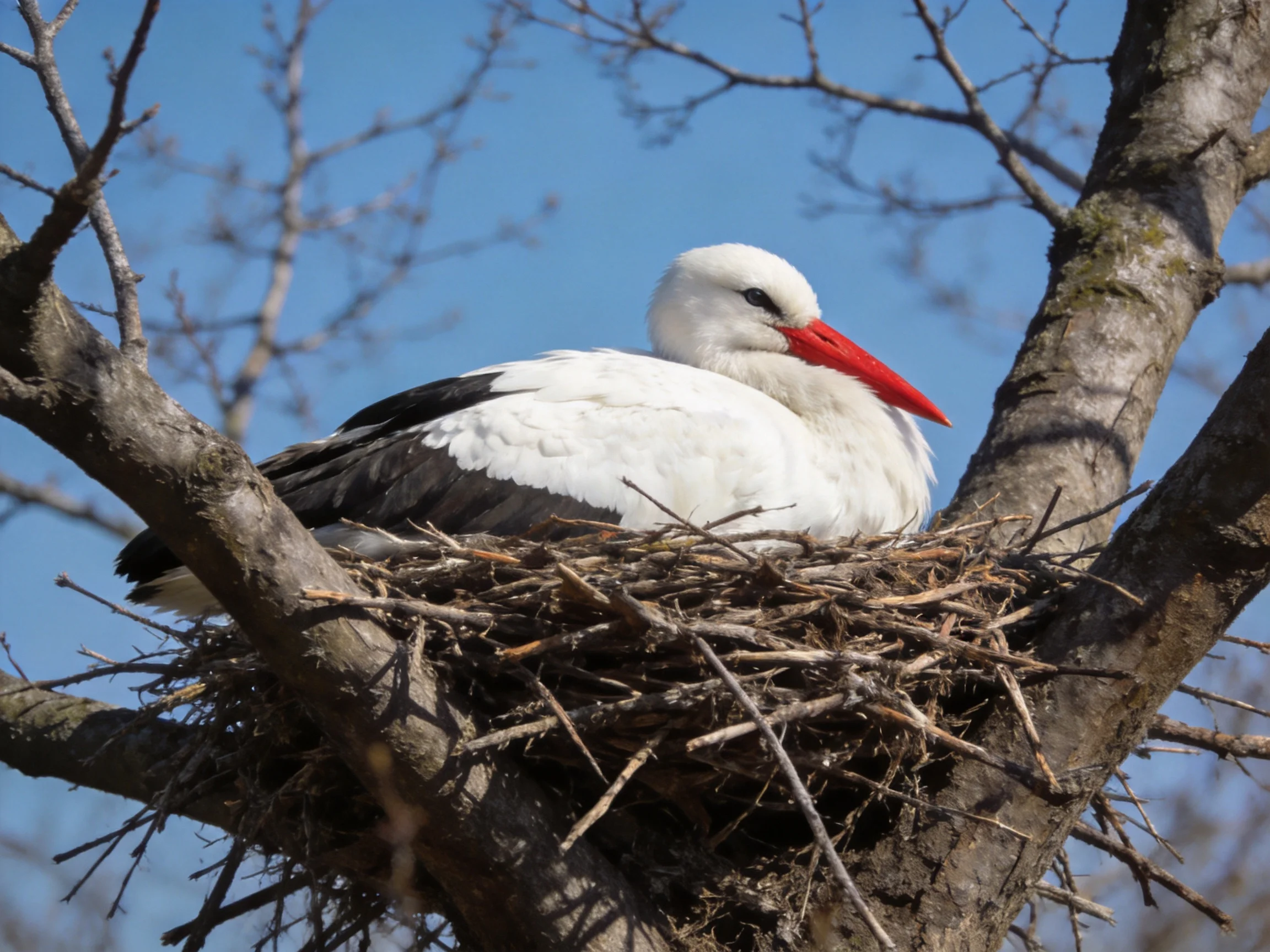 A white stork with a bright red beak in a twig nest on a tree