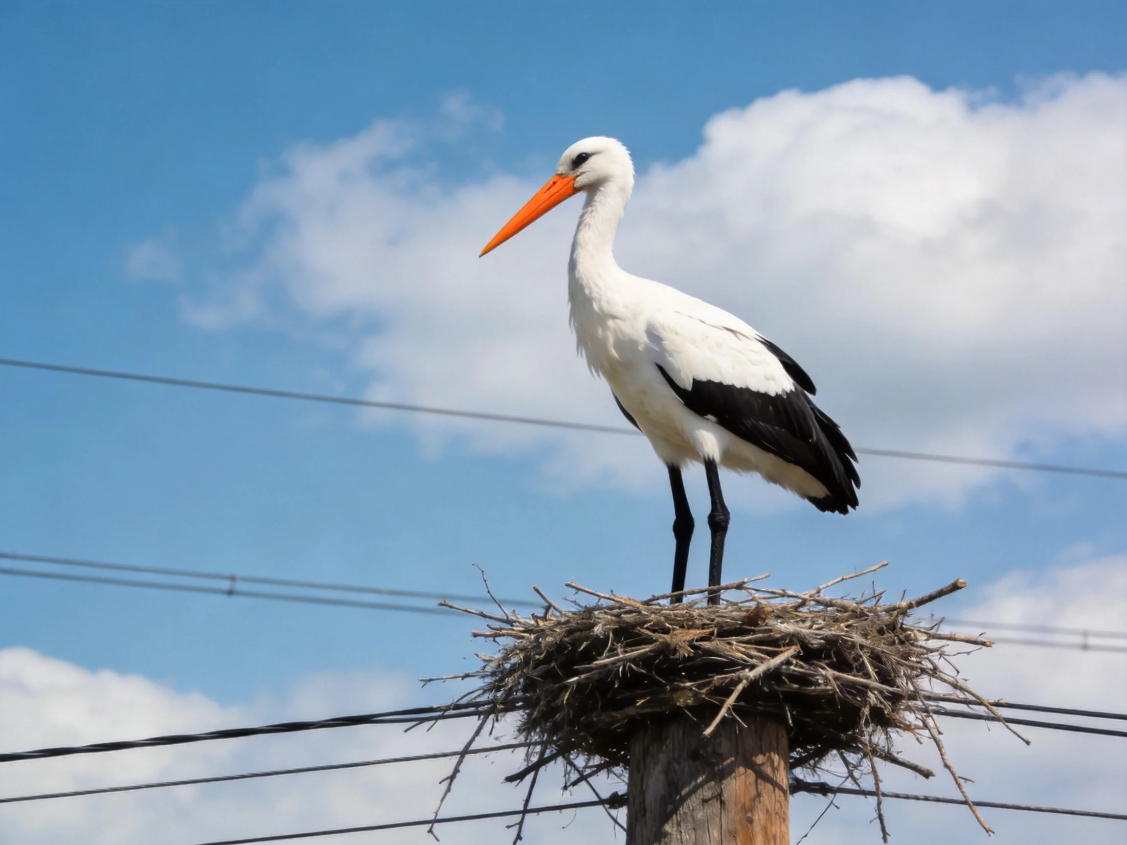 A white stork with an orange beak sits on a twig nest atop a wooden post.