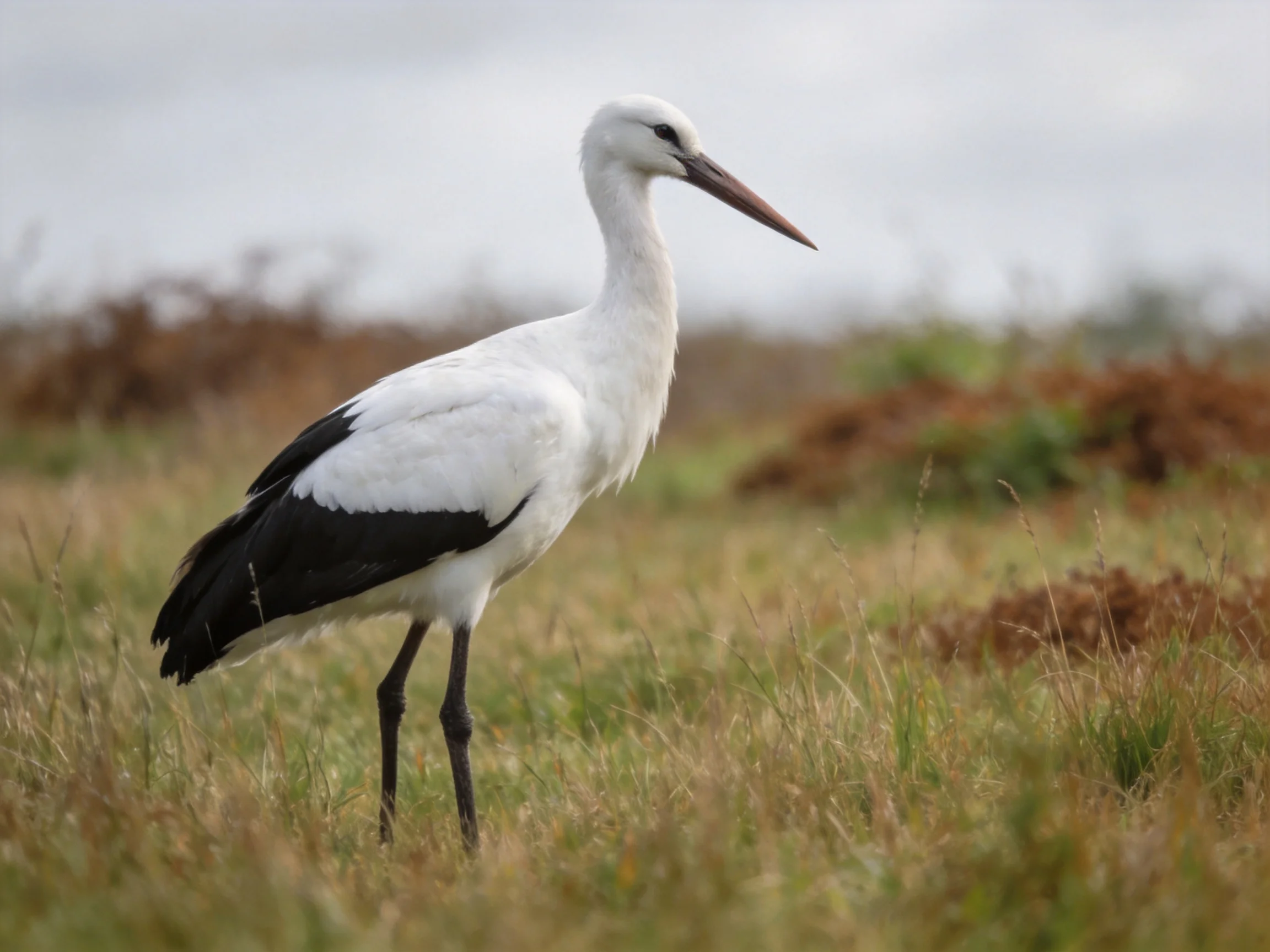 A white stork with black wings in a grassy field