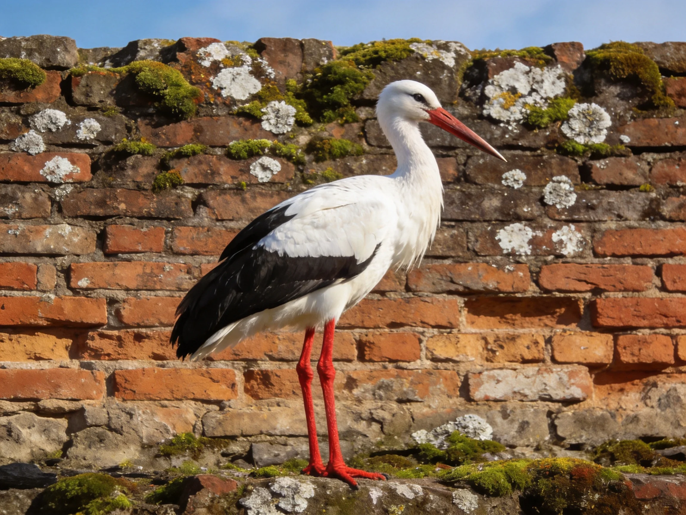 A white stork with black wings stands before an aged brick wall