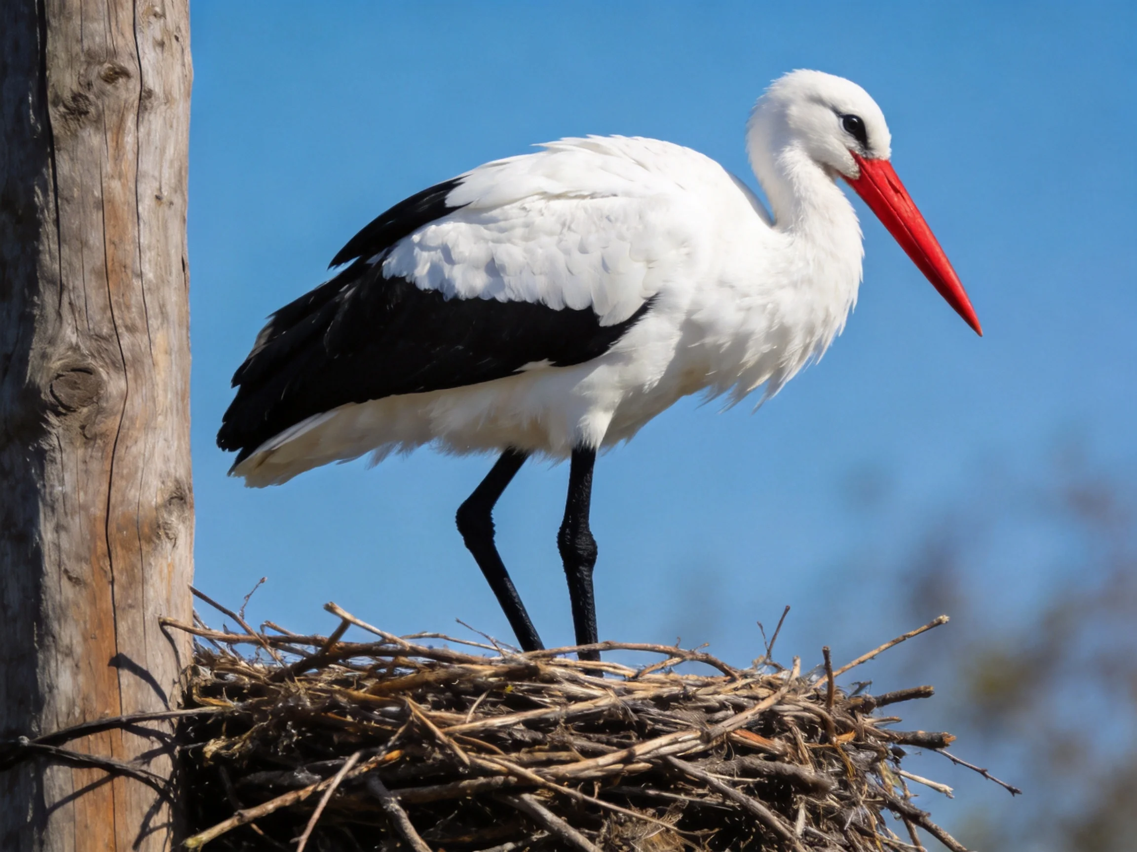 A white stork with black wings stands on a twig nest by a wooden post