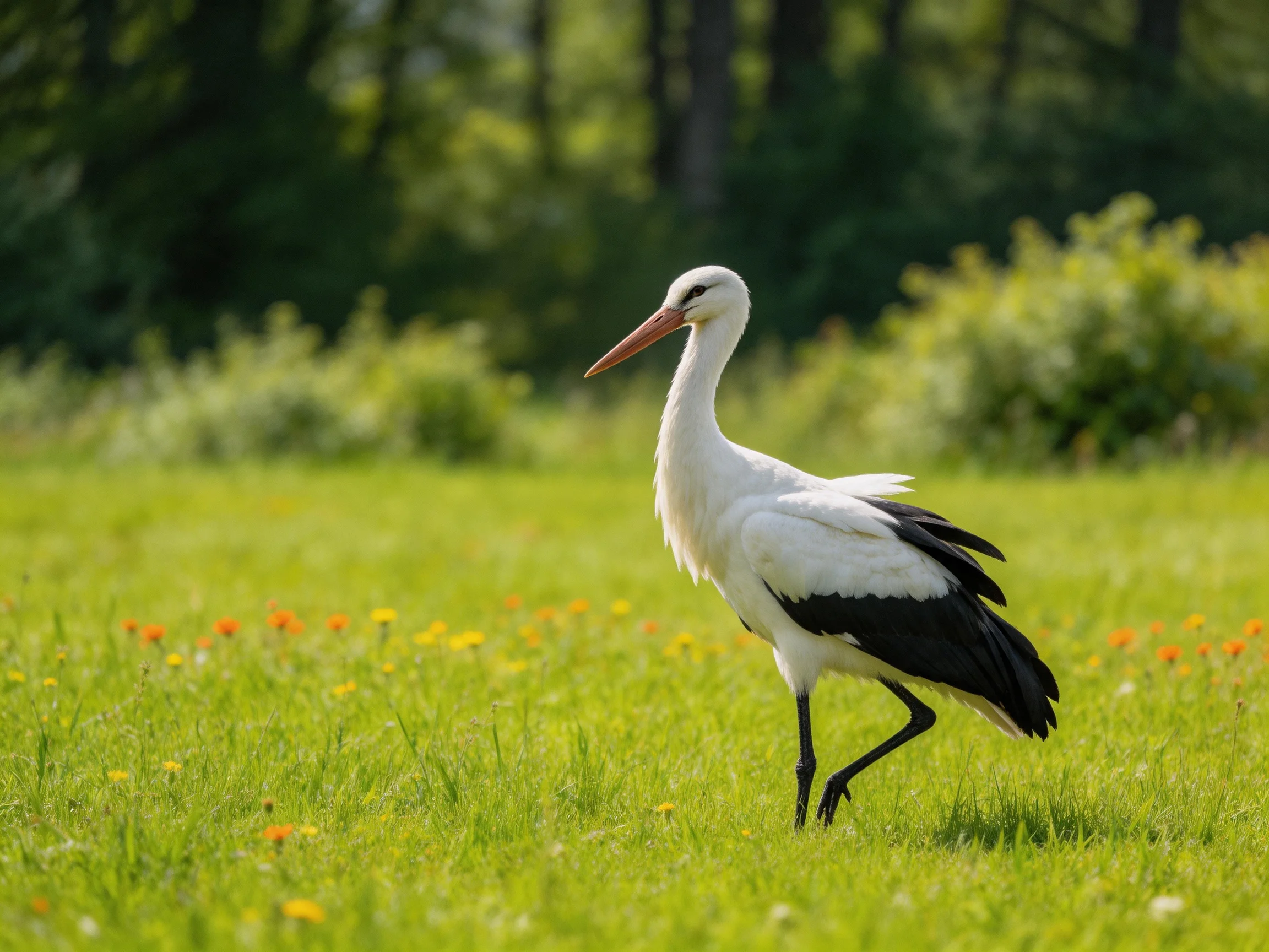 A white stork with black wings walks through a green meadow