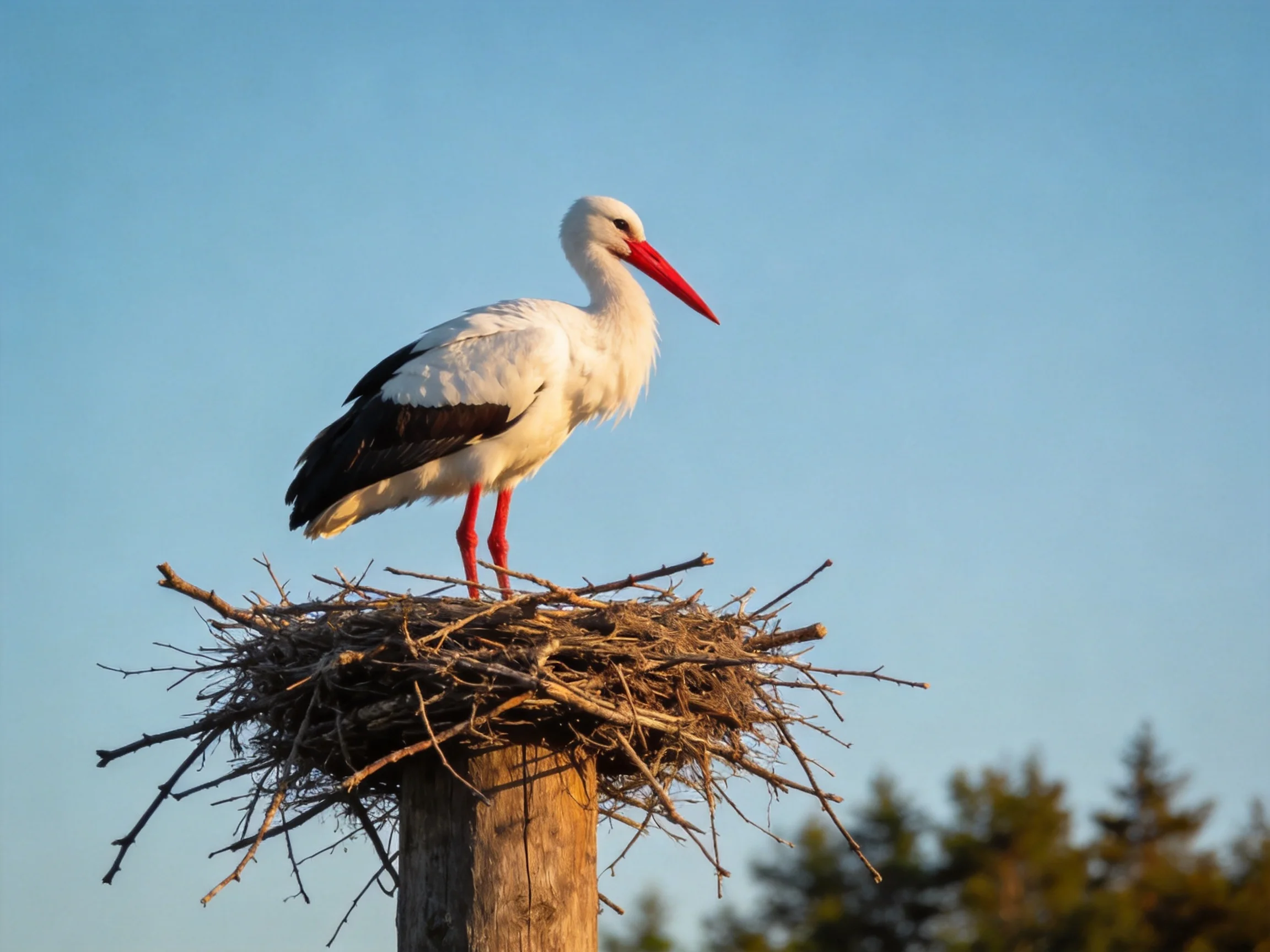 A white stork with red legs stands on a twig nest atop a wooden post