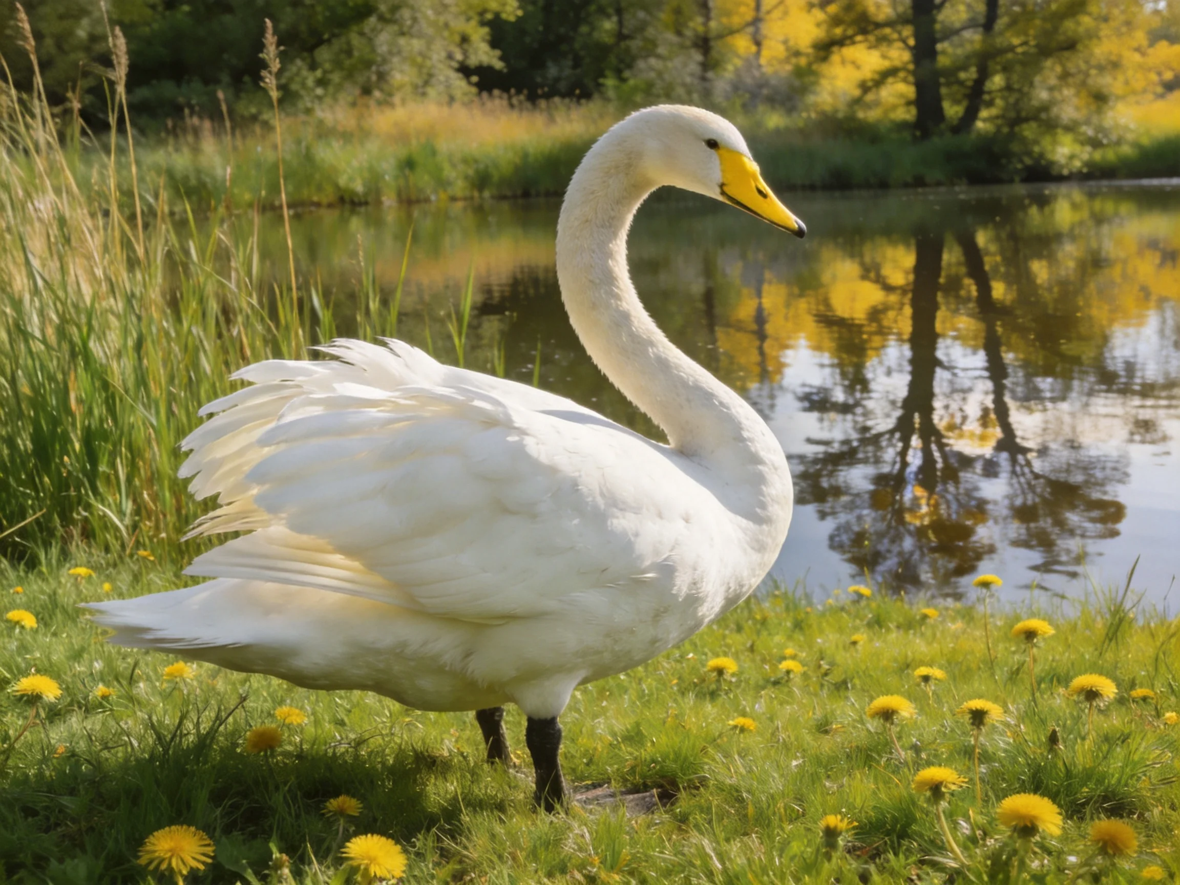 A white swan by a serene pond