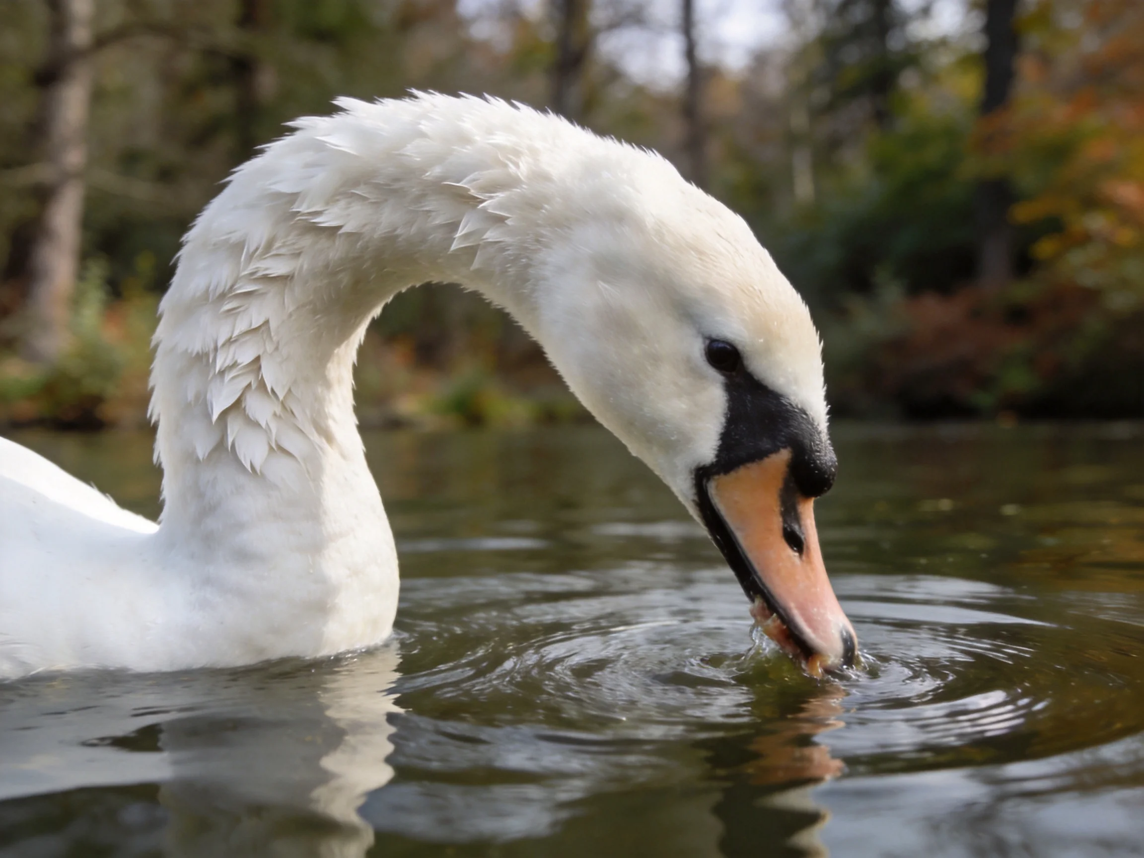 A white swan dipping its head into calm water near autumnal trees
