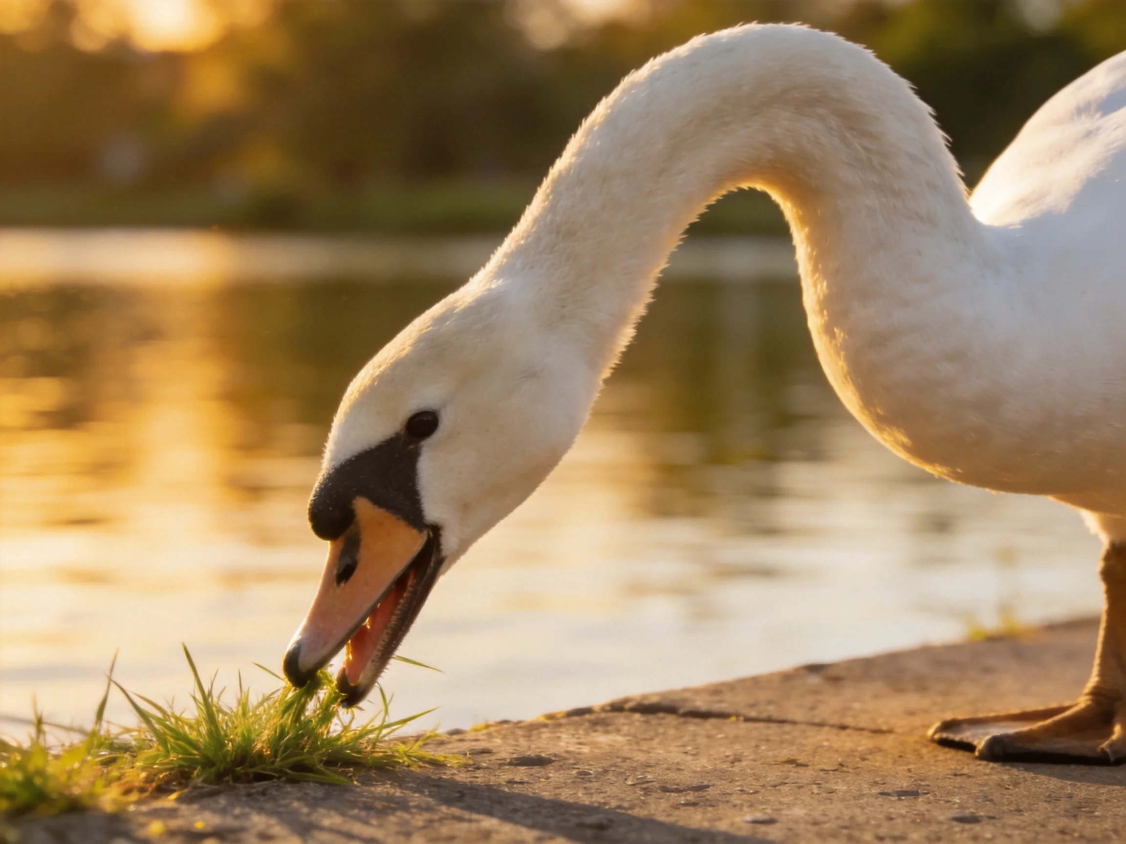 A white swan feeding on grass by a golden-lit lake shore