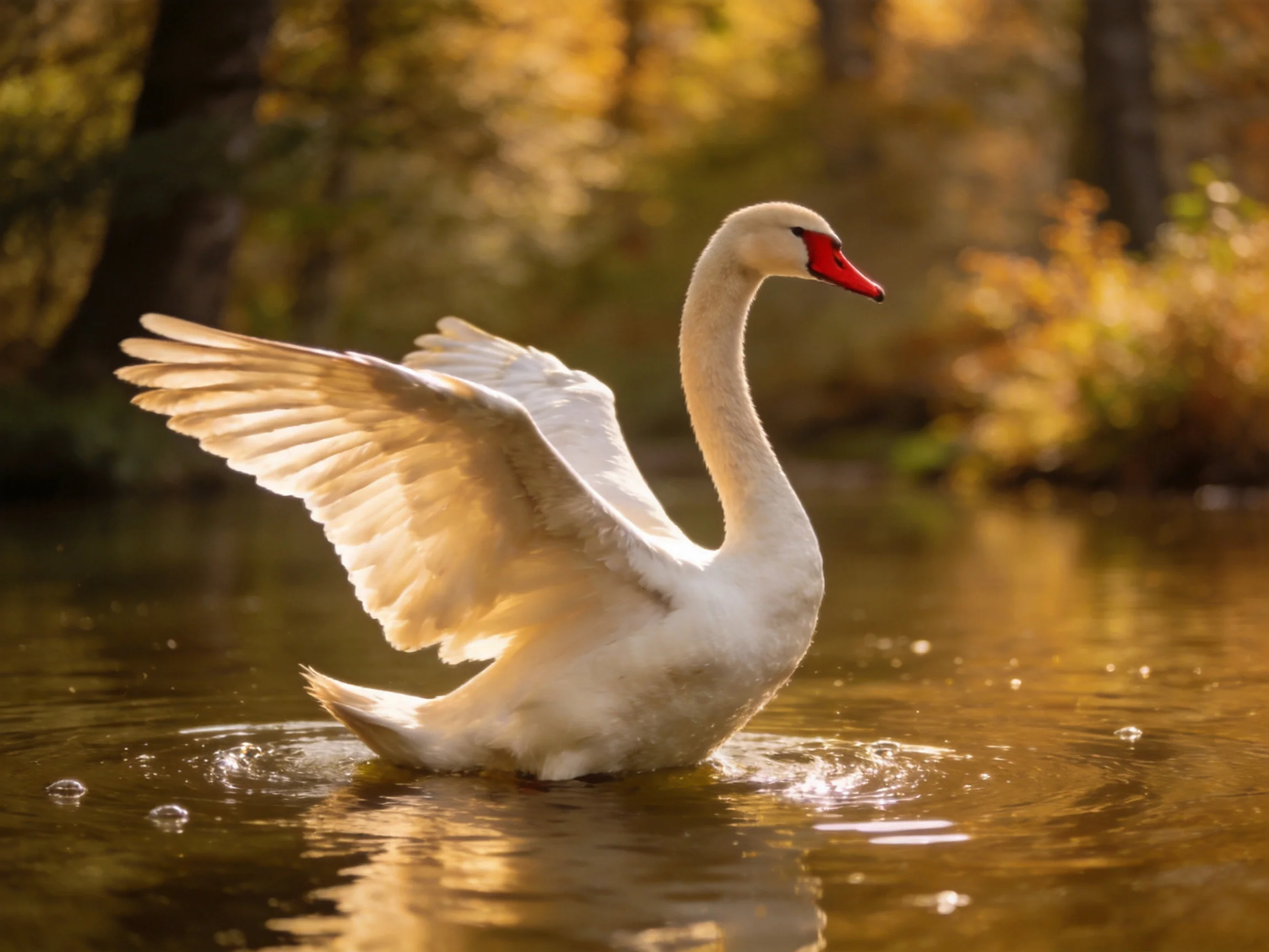 A white swan flapping wings in golden-hued water