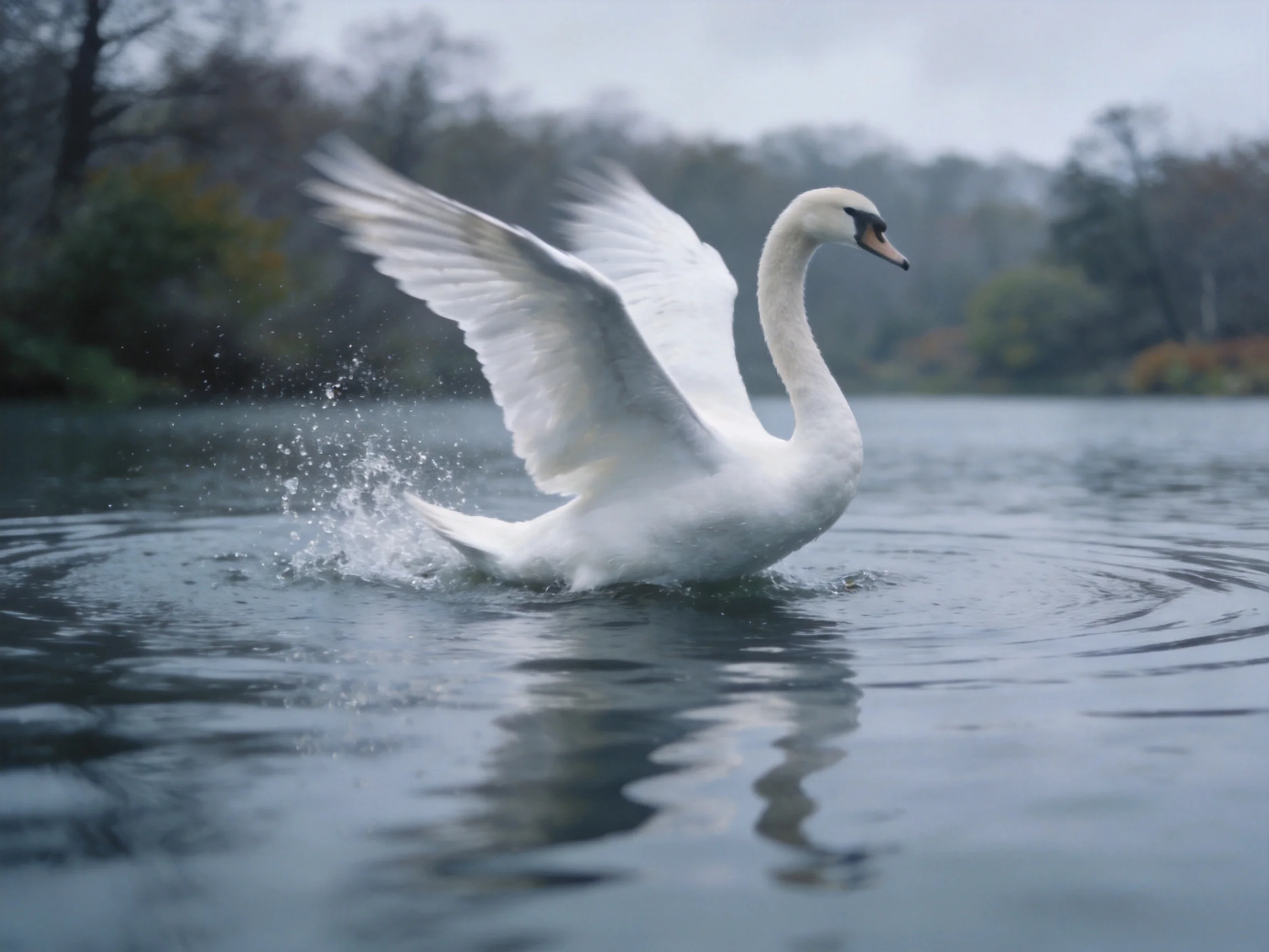 A white swan flapping wings in splashing water near trees