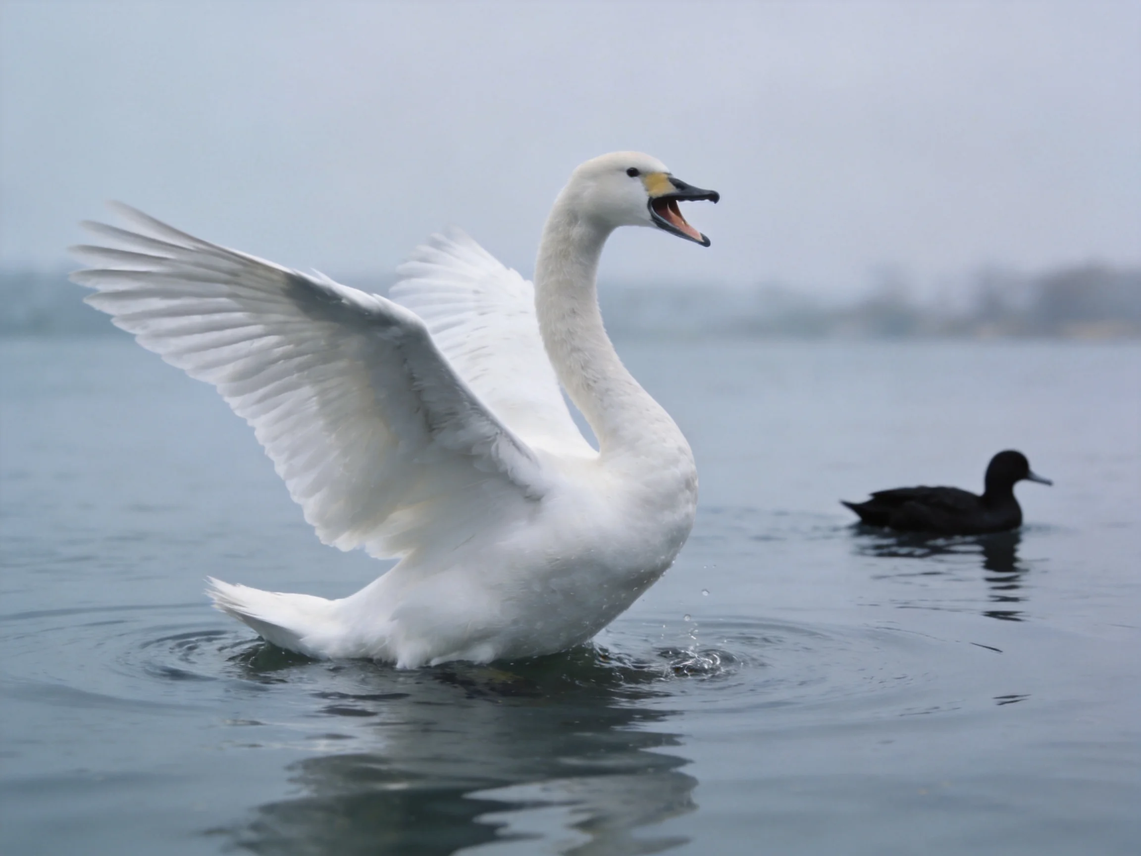 A white swan flapping wings near a black duck in calm water