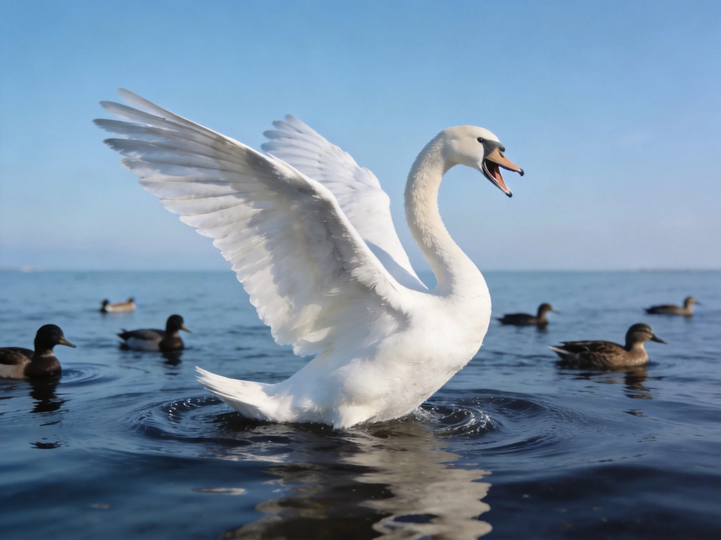 A white swan moves through blue water surrounded by brown ducks.