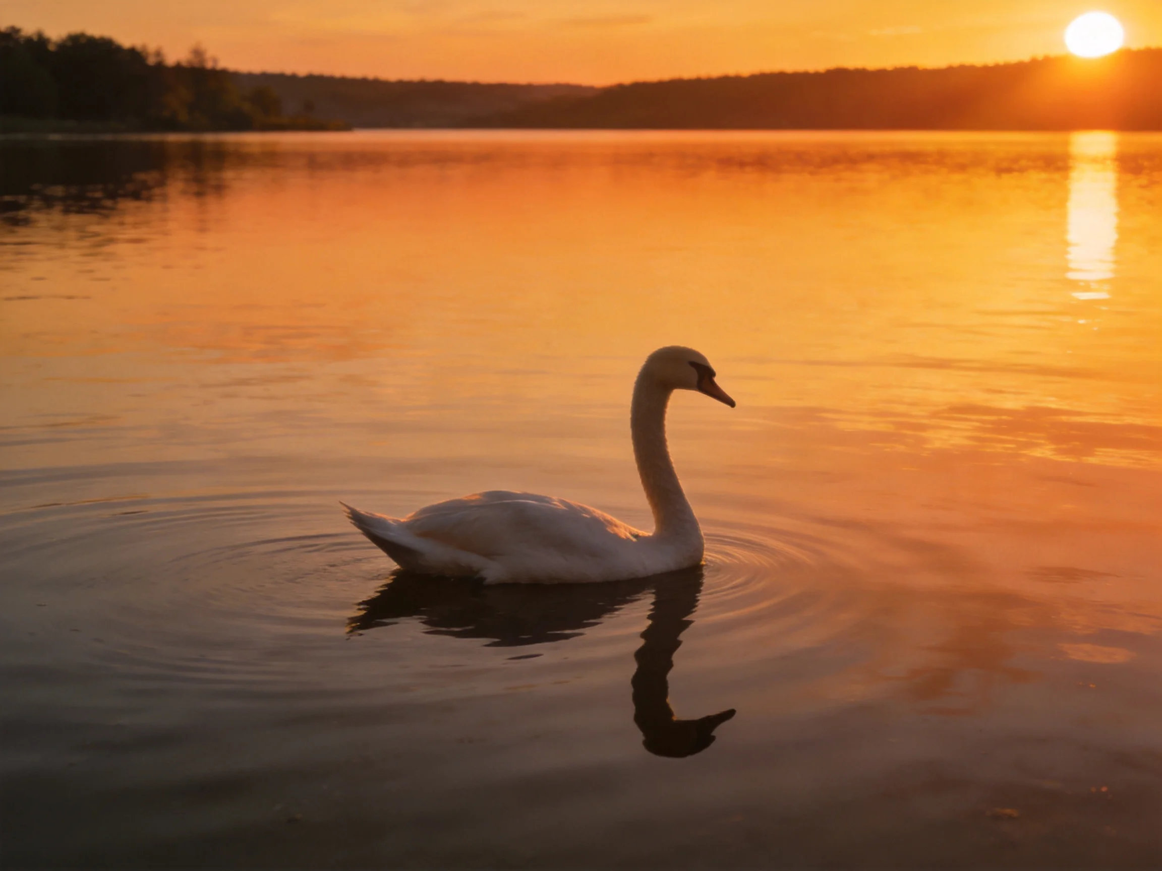A white swan glides across a golden-hued lake at sunset
