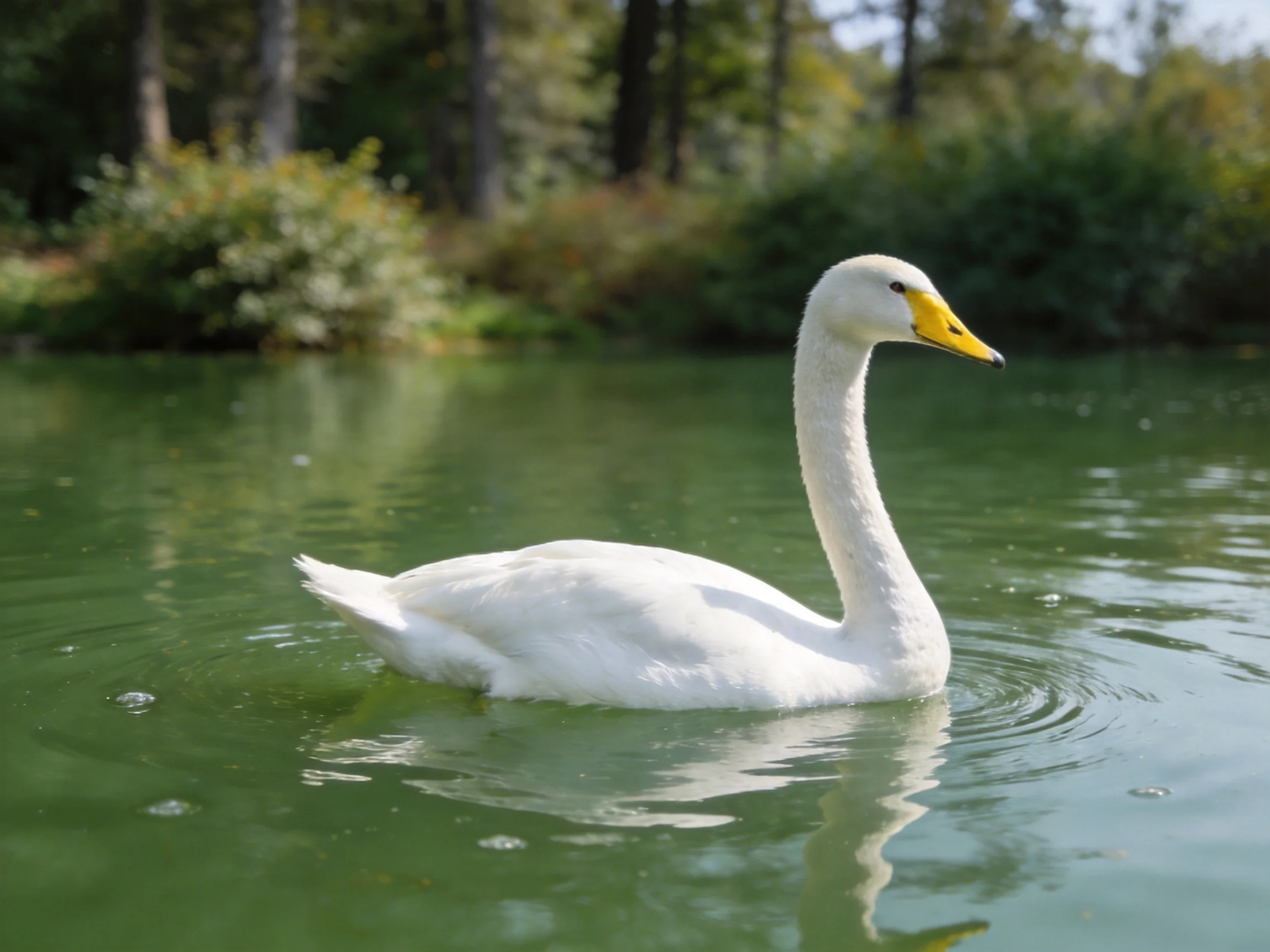 A white swan glides across calm green water near forested shore