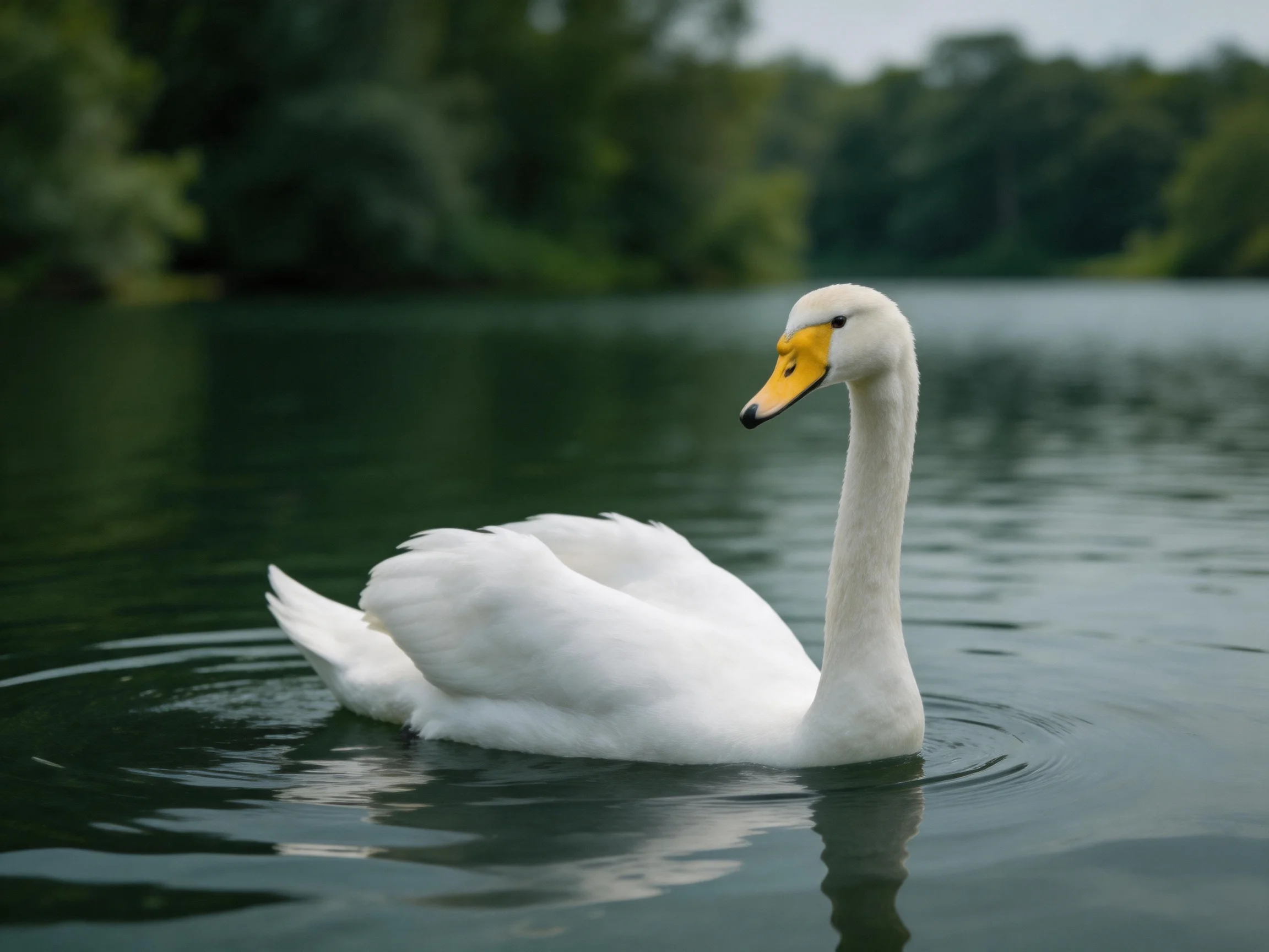 A white swan glides across calm lake waters with green foliage behind