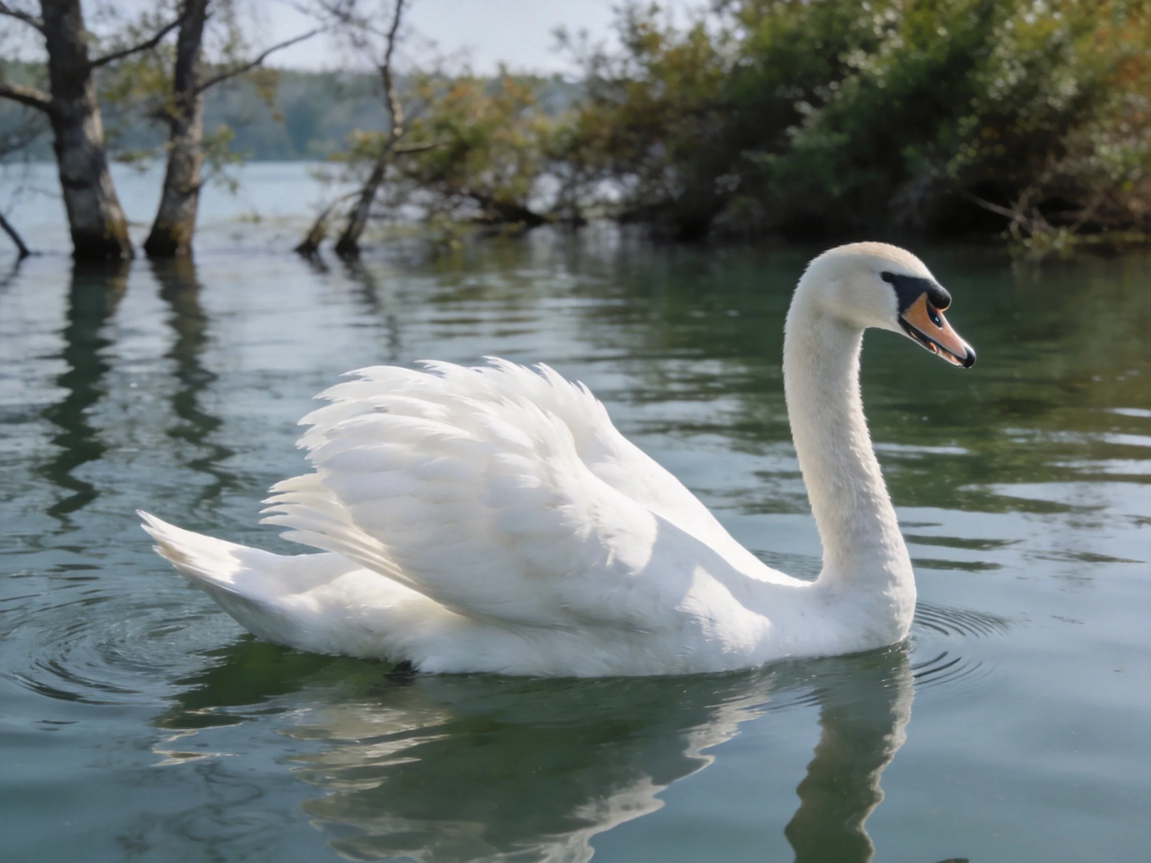 A white swan glides gracefully on calm water near trees