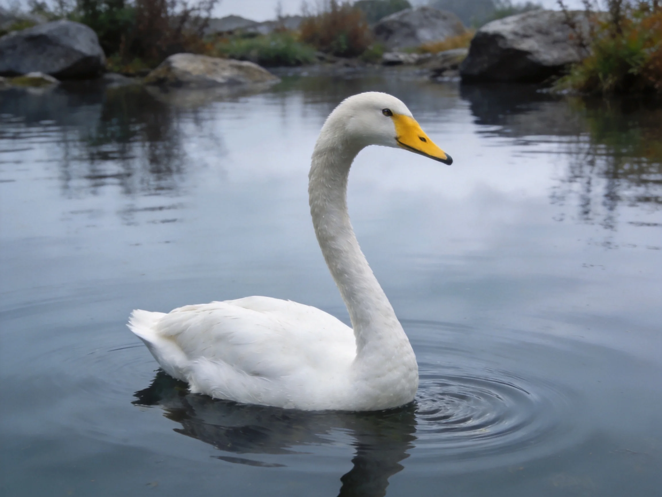A white swan glides in calm water near rocky terrain