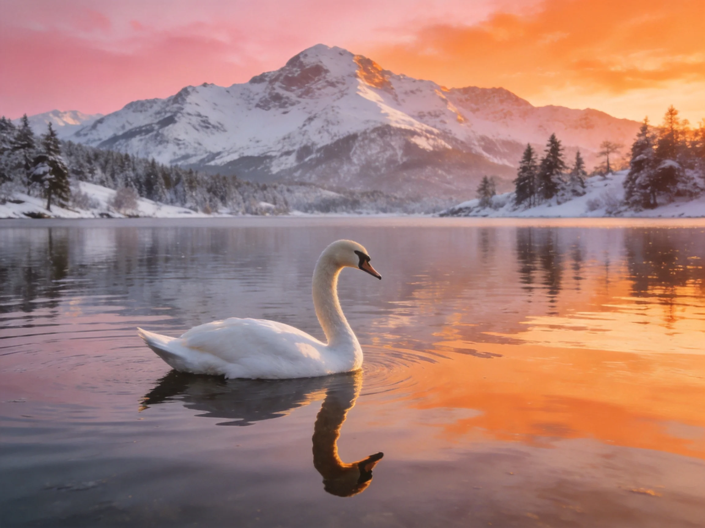 A white swan glides on a calm lake near snow - covered mountains at sunset