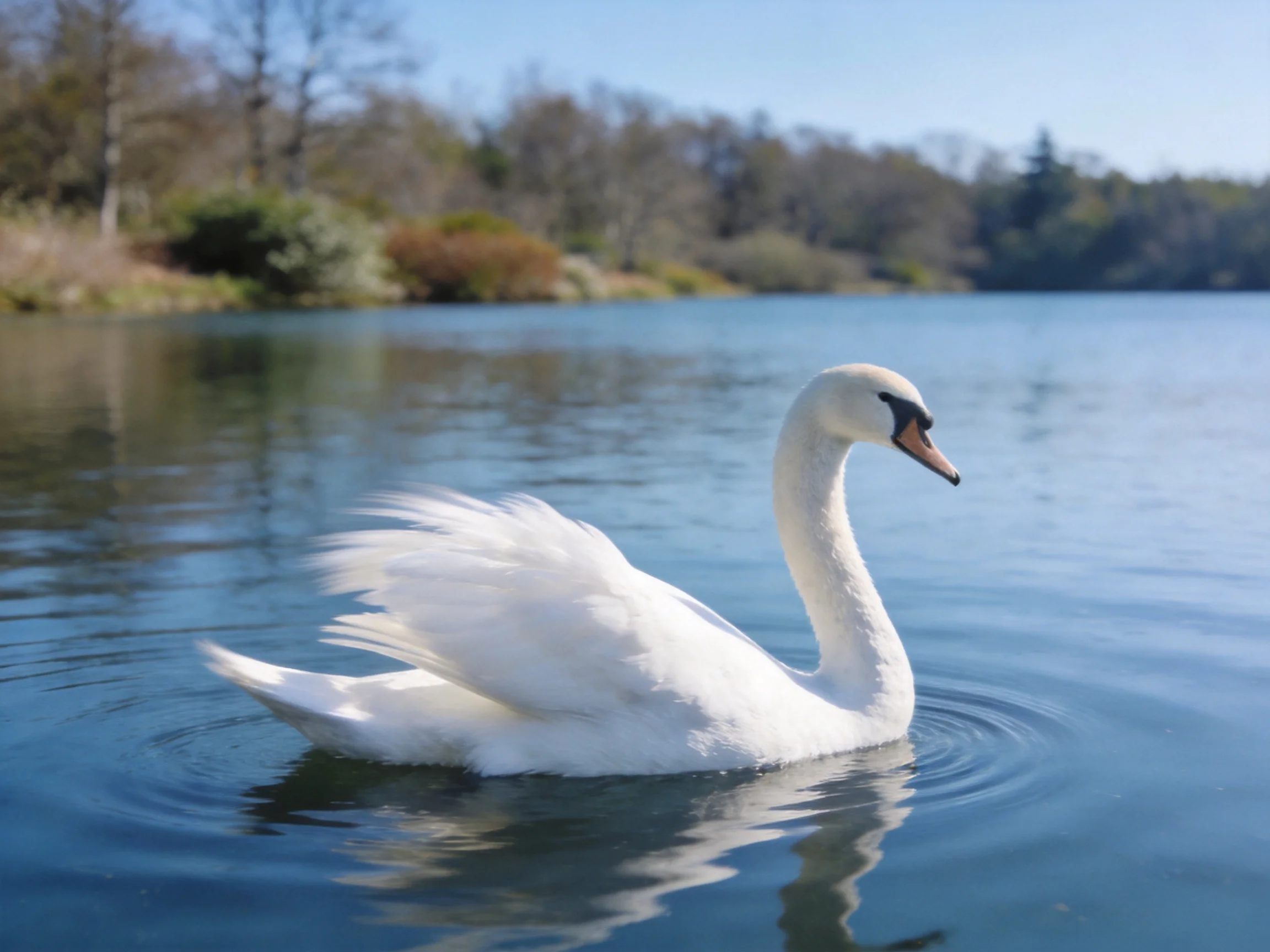 A white swan glides on calm blue lake waters near greenery