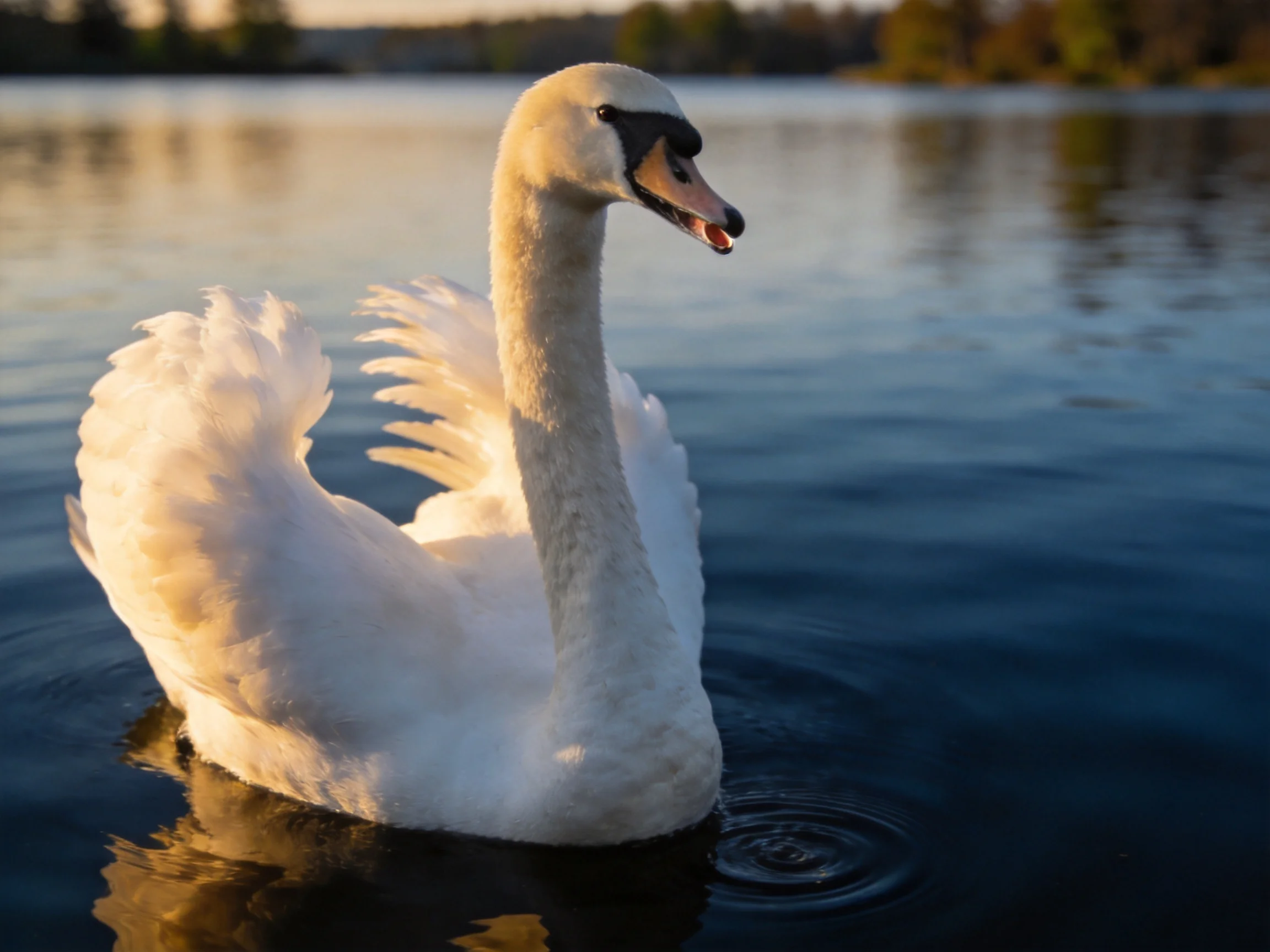 A white swan glides on calm blue water during golden hour