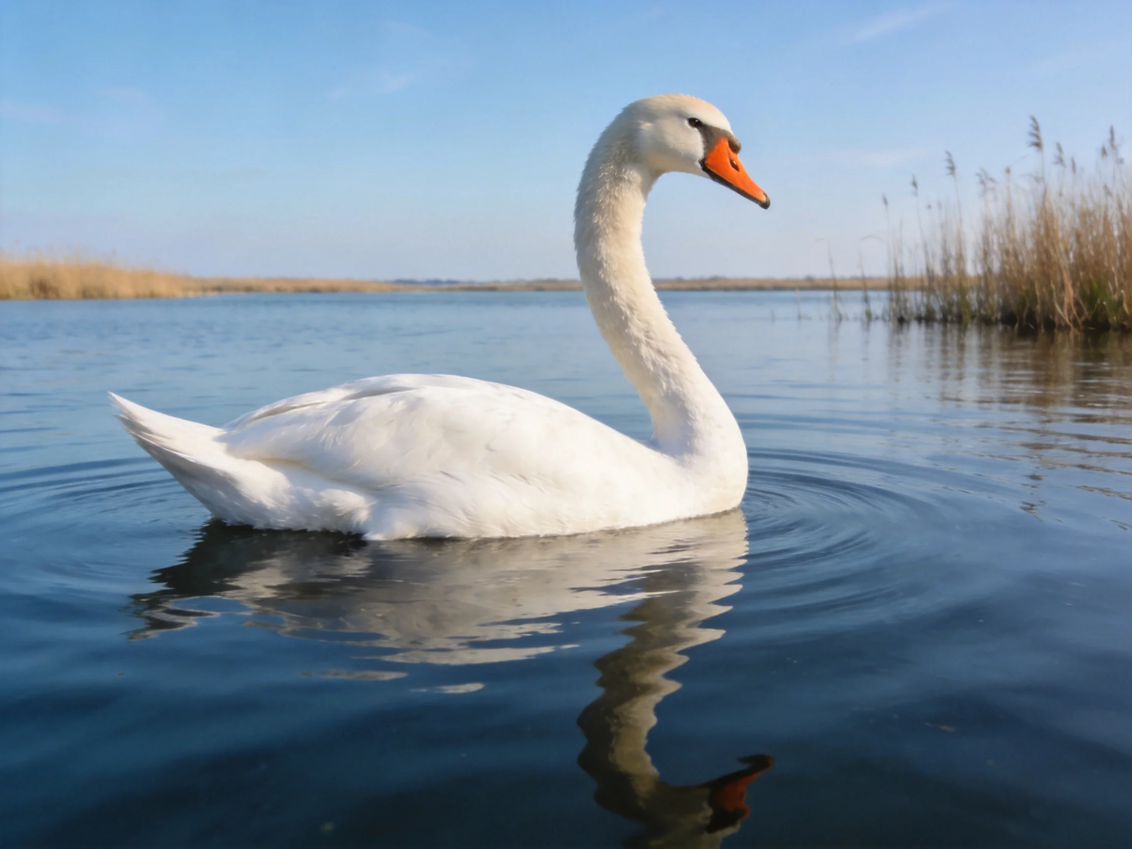 A white swan glides on calm blue water near golden reeds