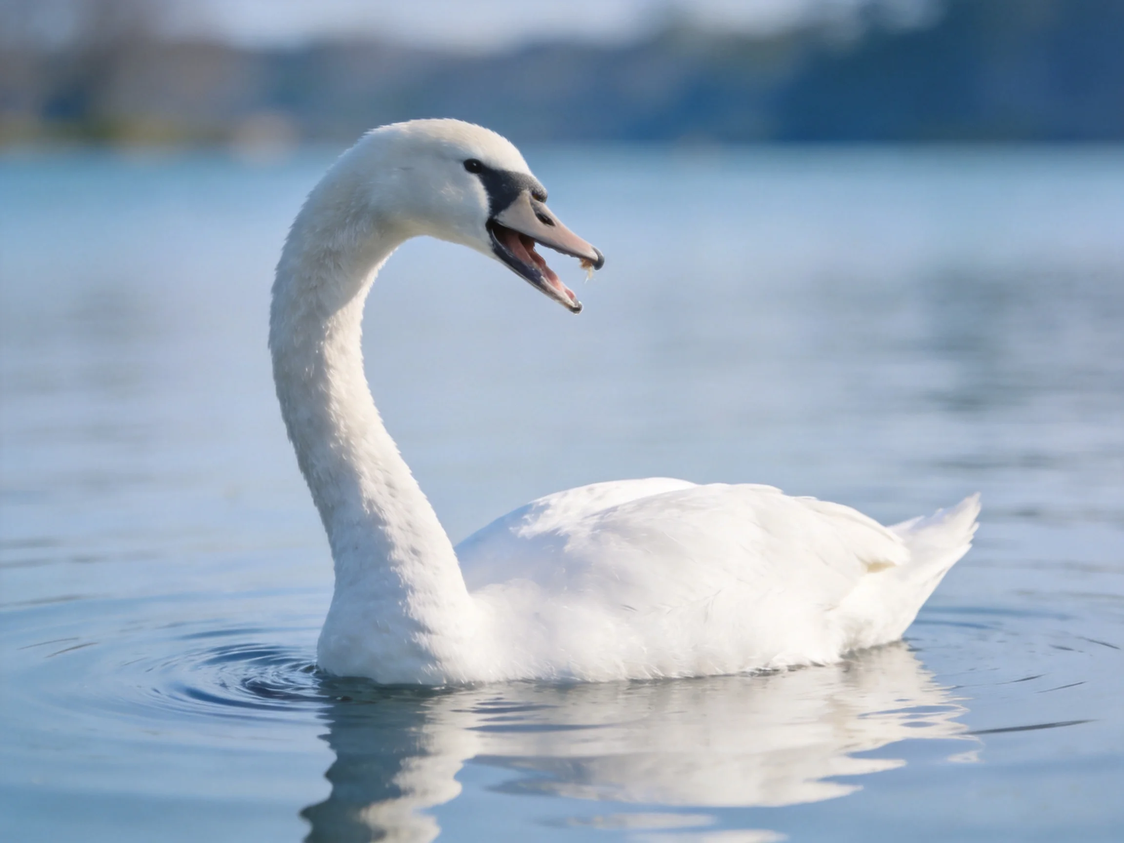 A white swan glides on calm blue water