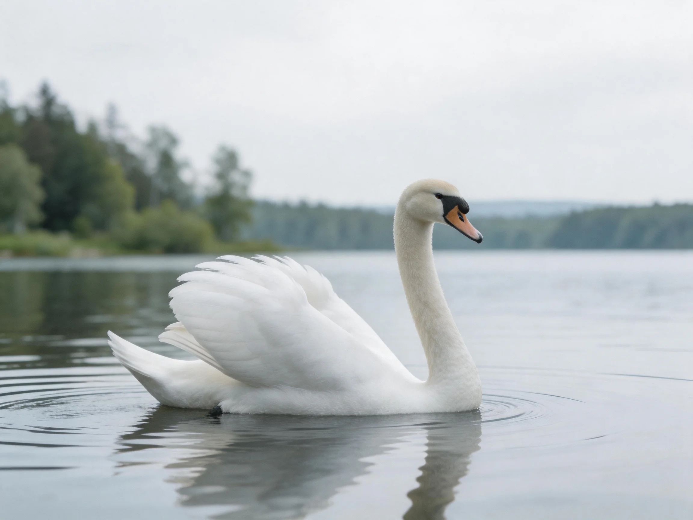 A white swan glides on calm lake waters near forested shore
