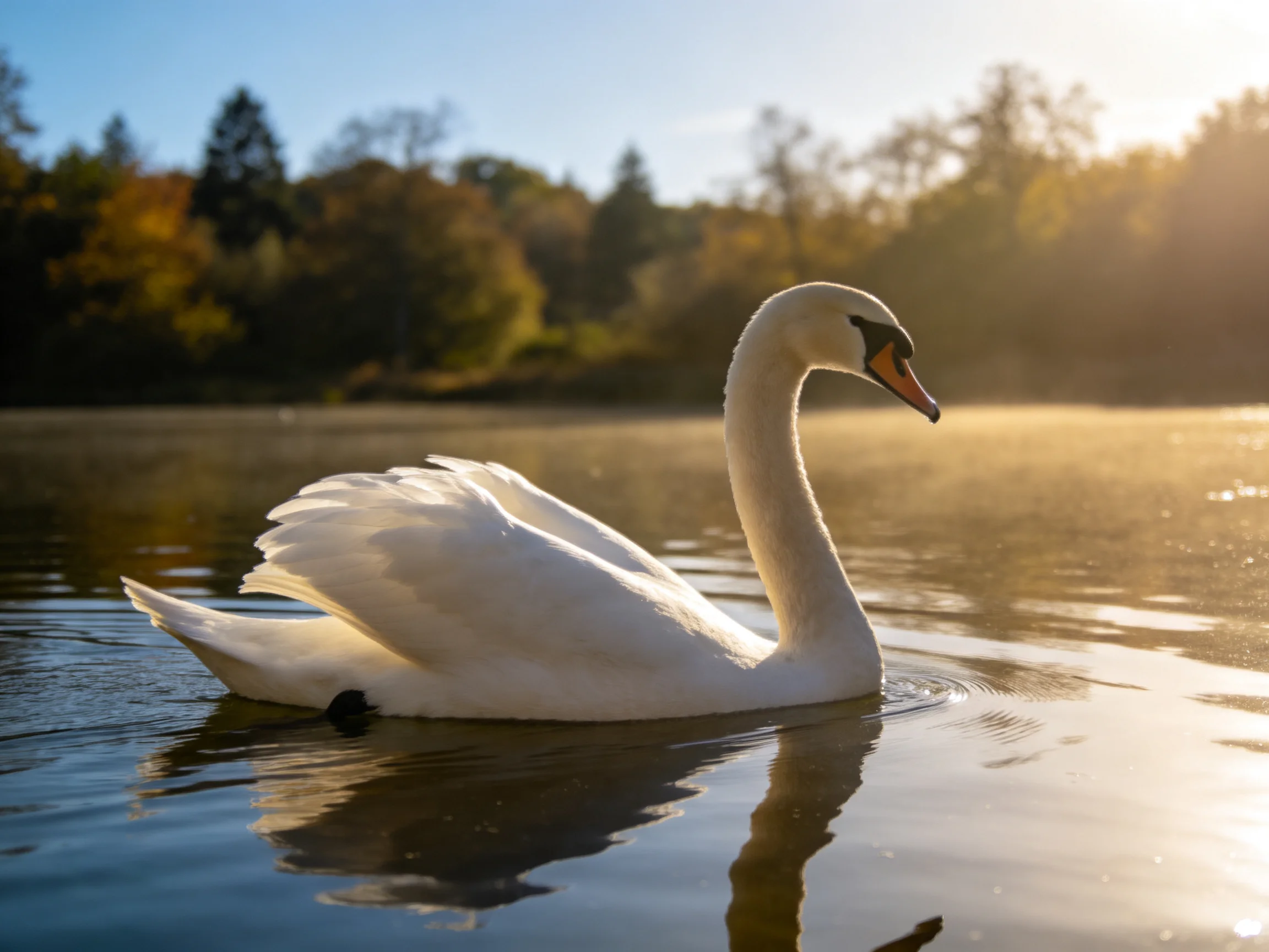 A white swan glides on calm water amid golden light