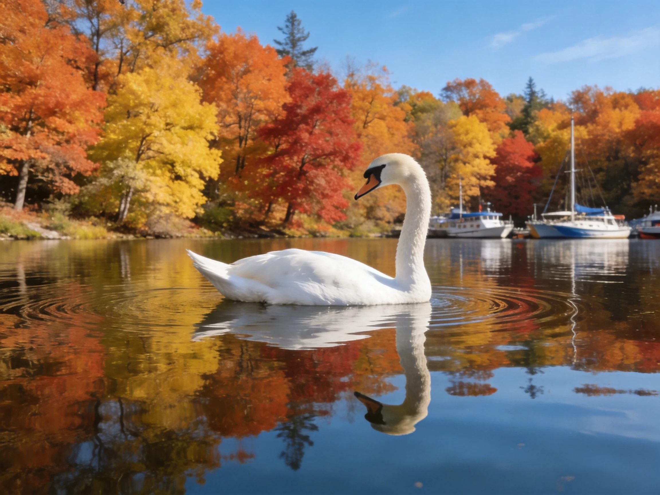 A white swan glides on calm water amid vibrant autumn trees