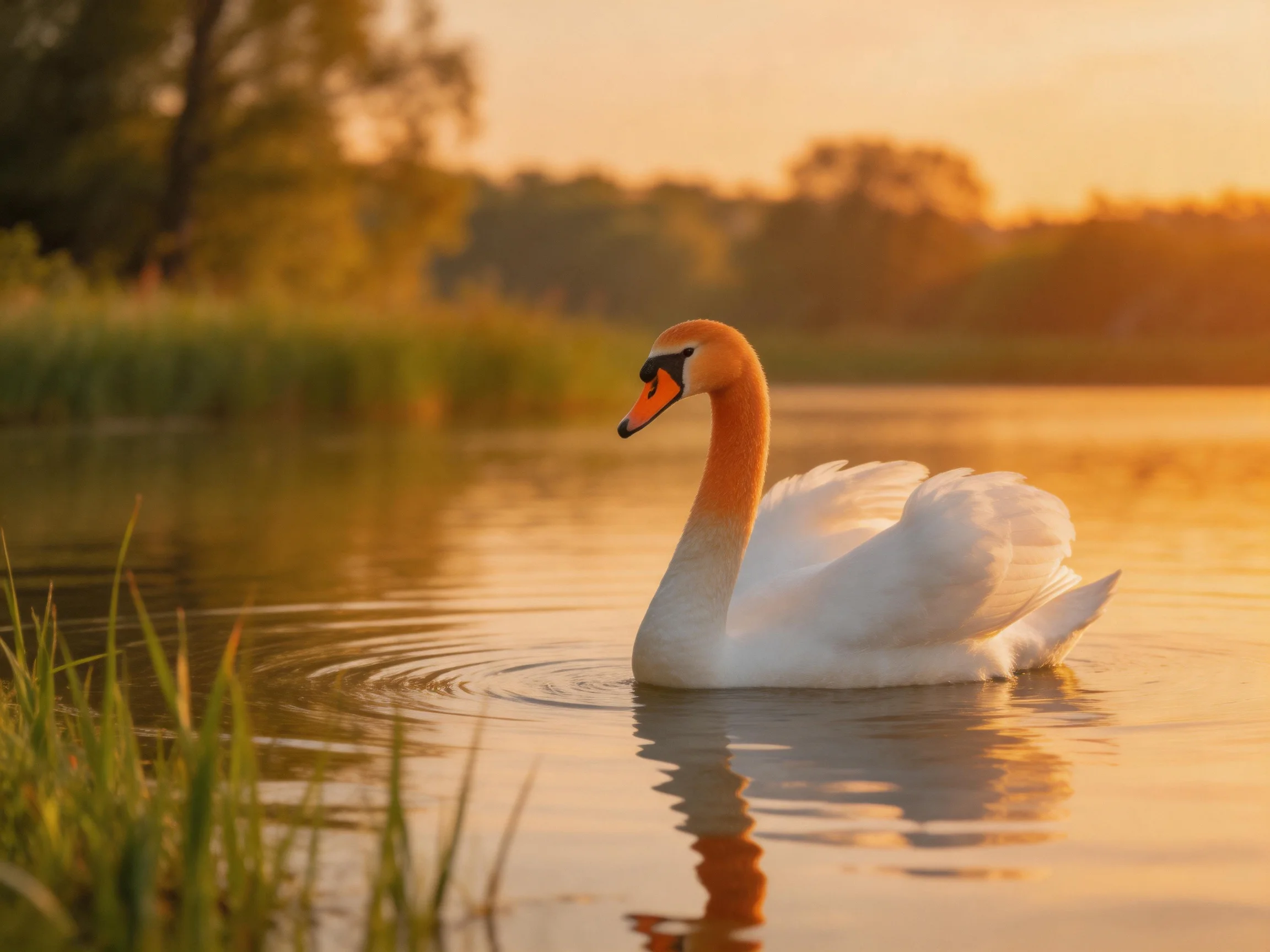 A white swan glides on calm water during golden hour