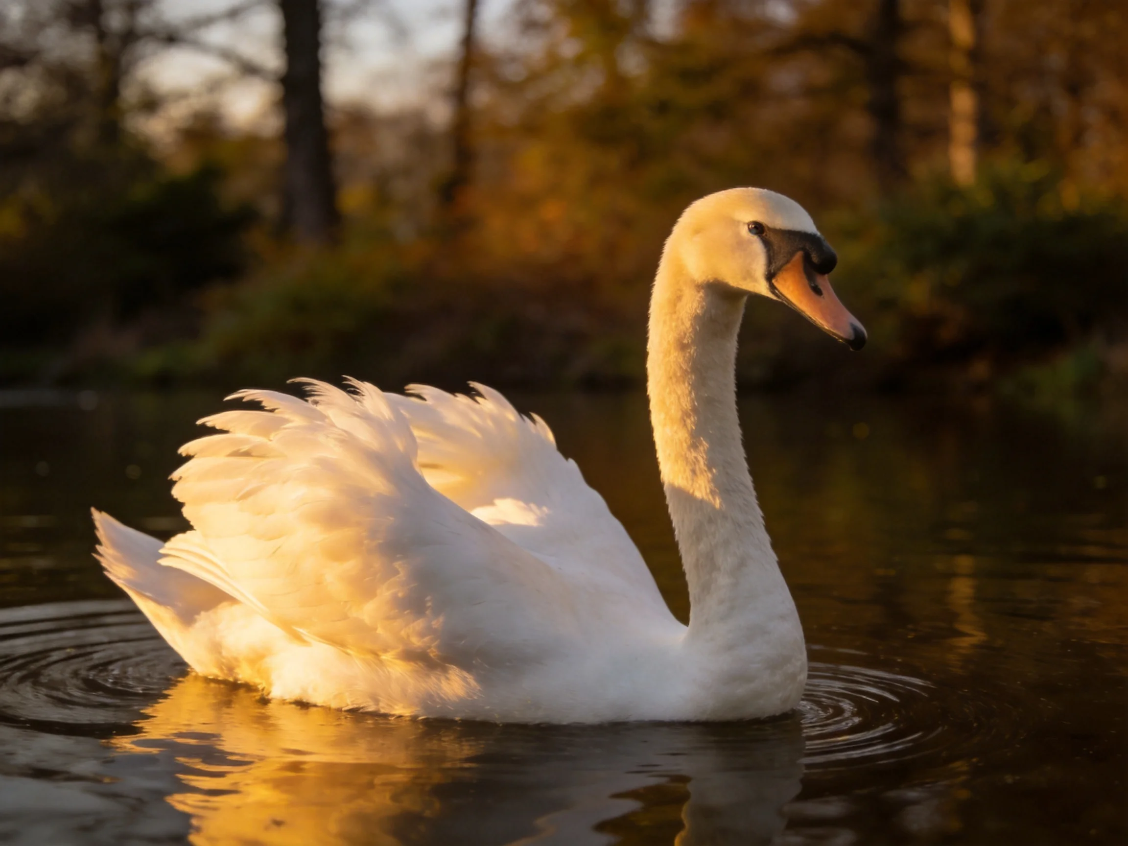A white swan glides on calm water in golden light