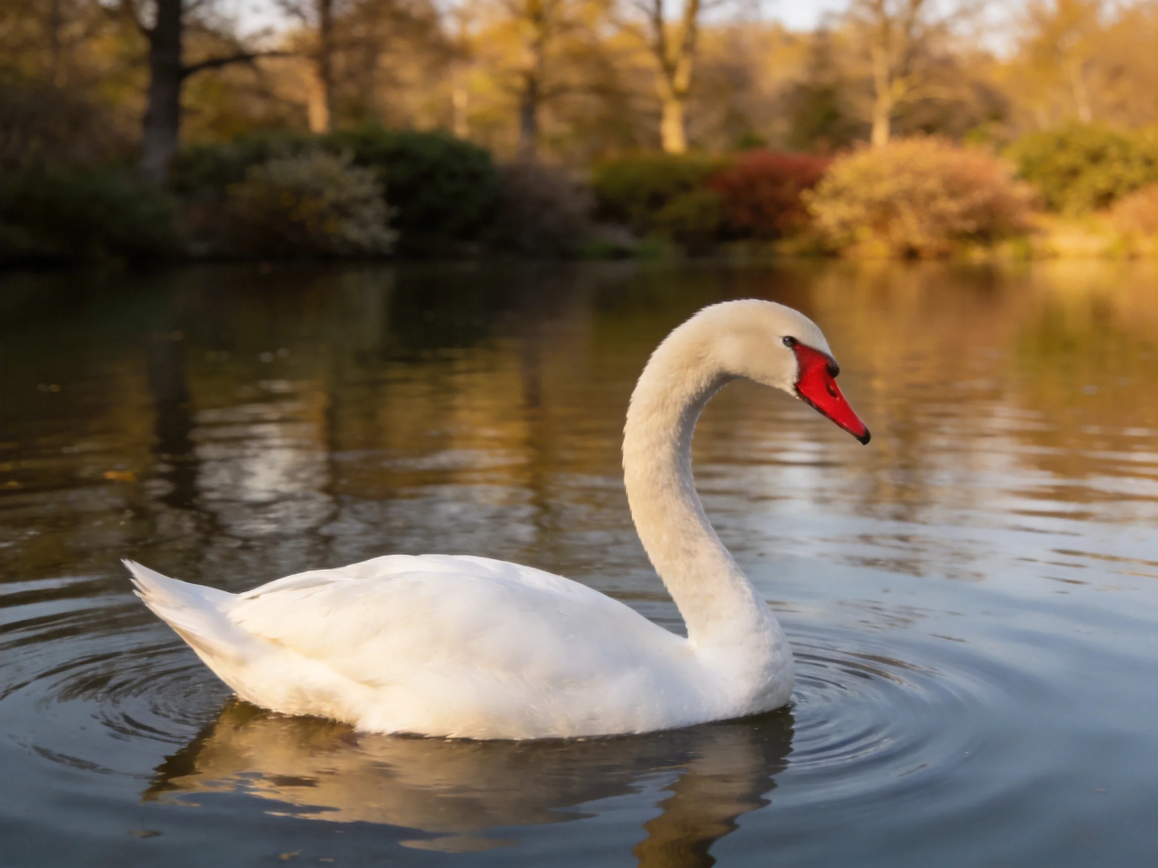 A white swan glides on calm water near autumn foliage
