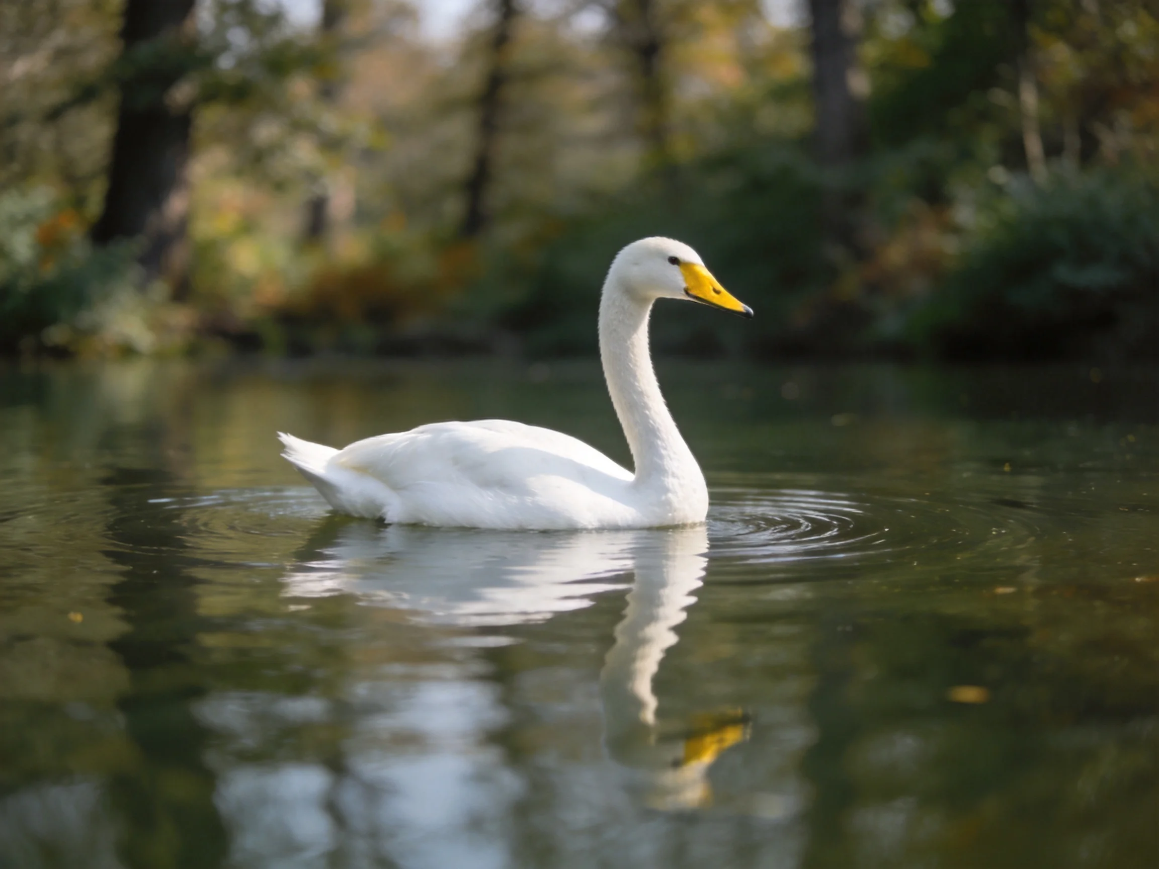 A white swan glides on calm water near forested banks