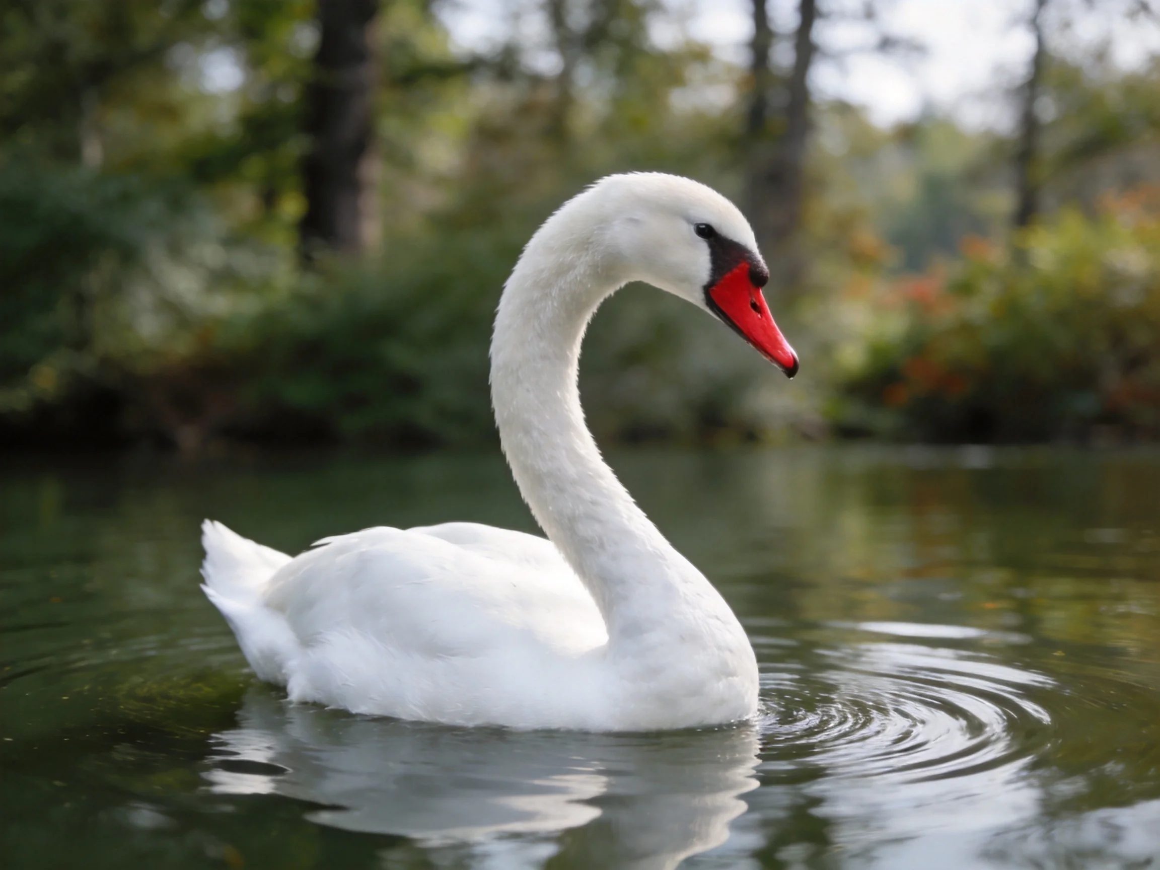 A white swan floats peacefully on calm water surrounded by greenery.
