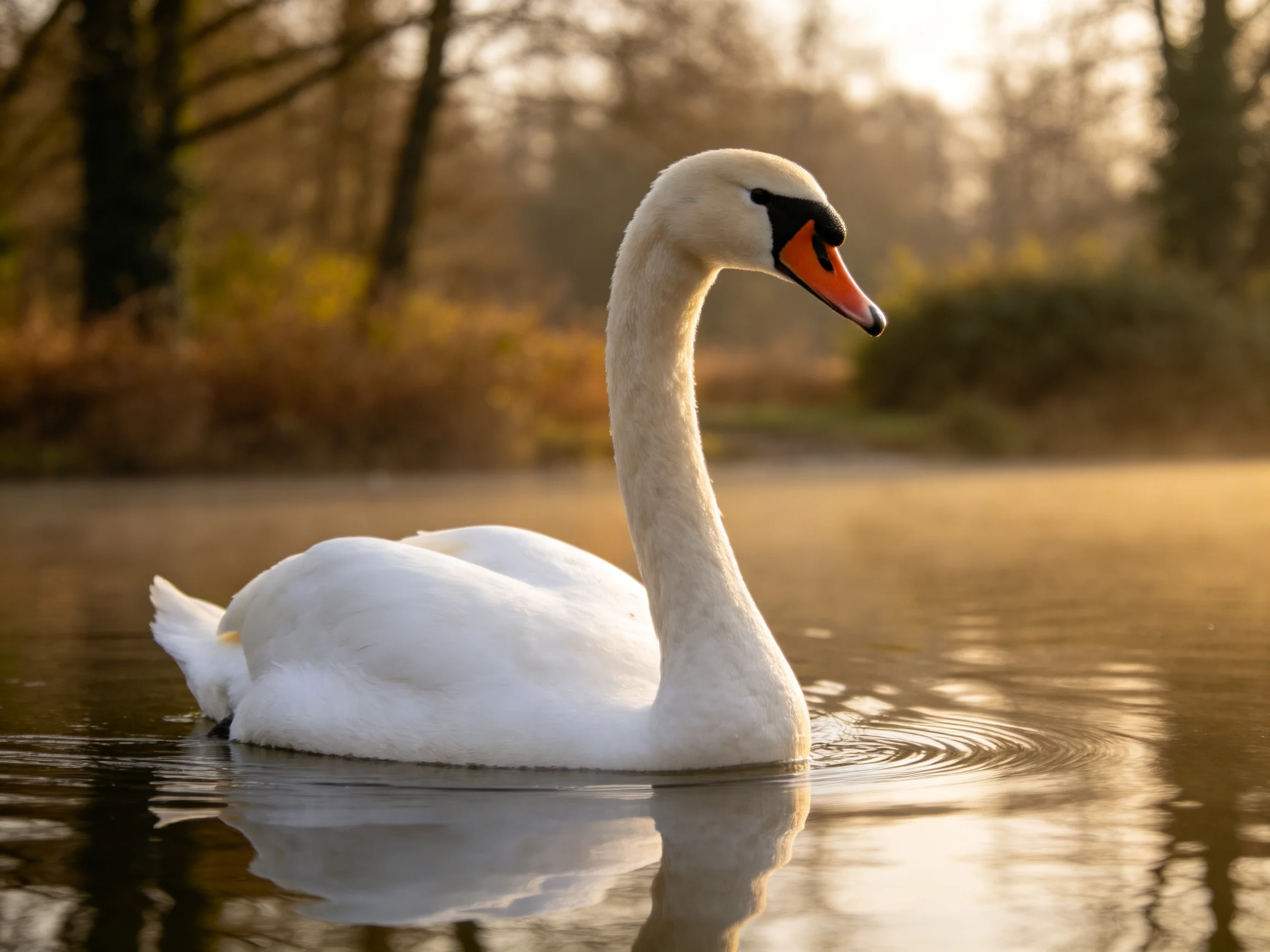 A white swan glides on calm water near trees