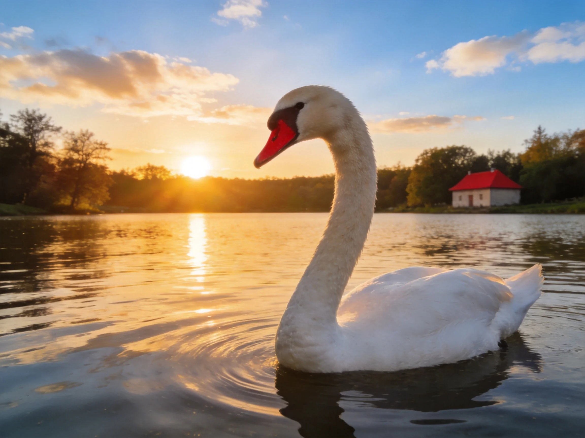 A white swan glides on calm waters near a red-roofed house at sunset.