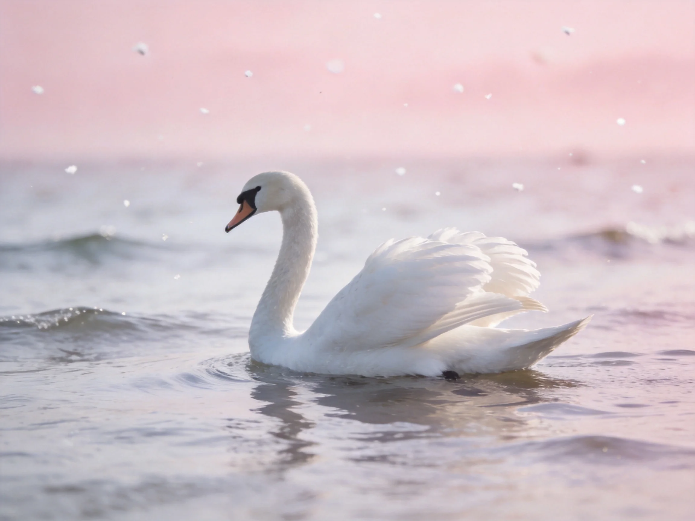 A white swan glides on calm waters under a pink sky