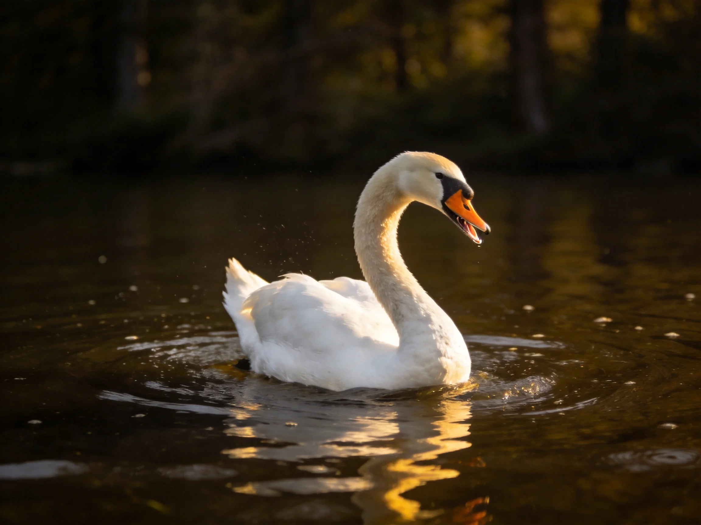 A white swan glides on dark water with golden illumination
