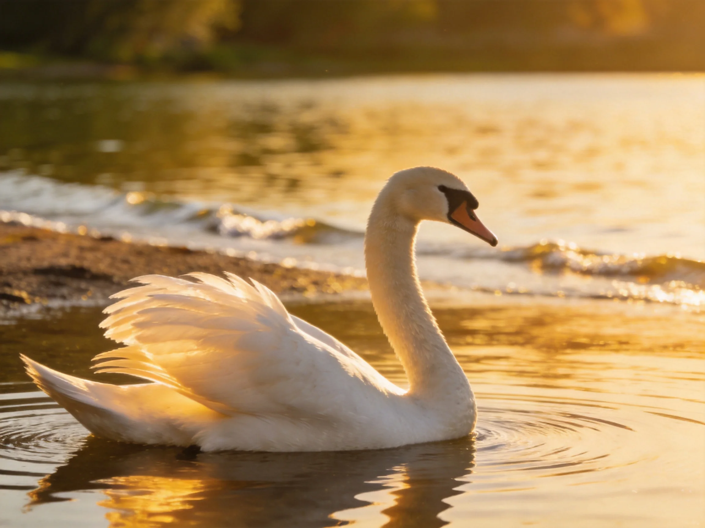 A white swan glides on golden-hued water near the shore