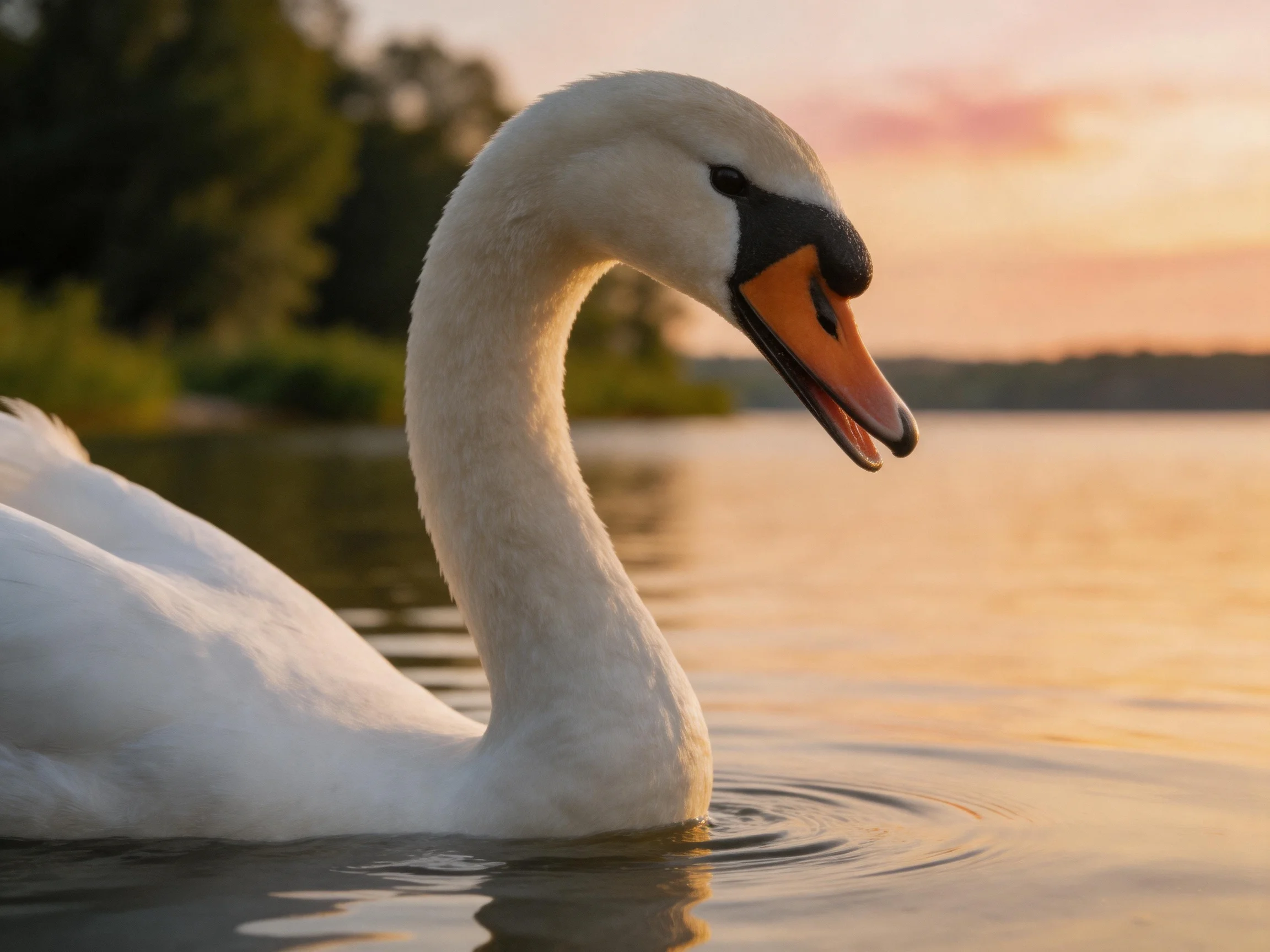 A white swan glides on golden water at sunset