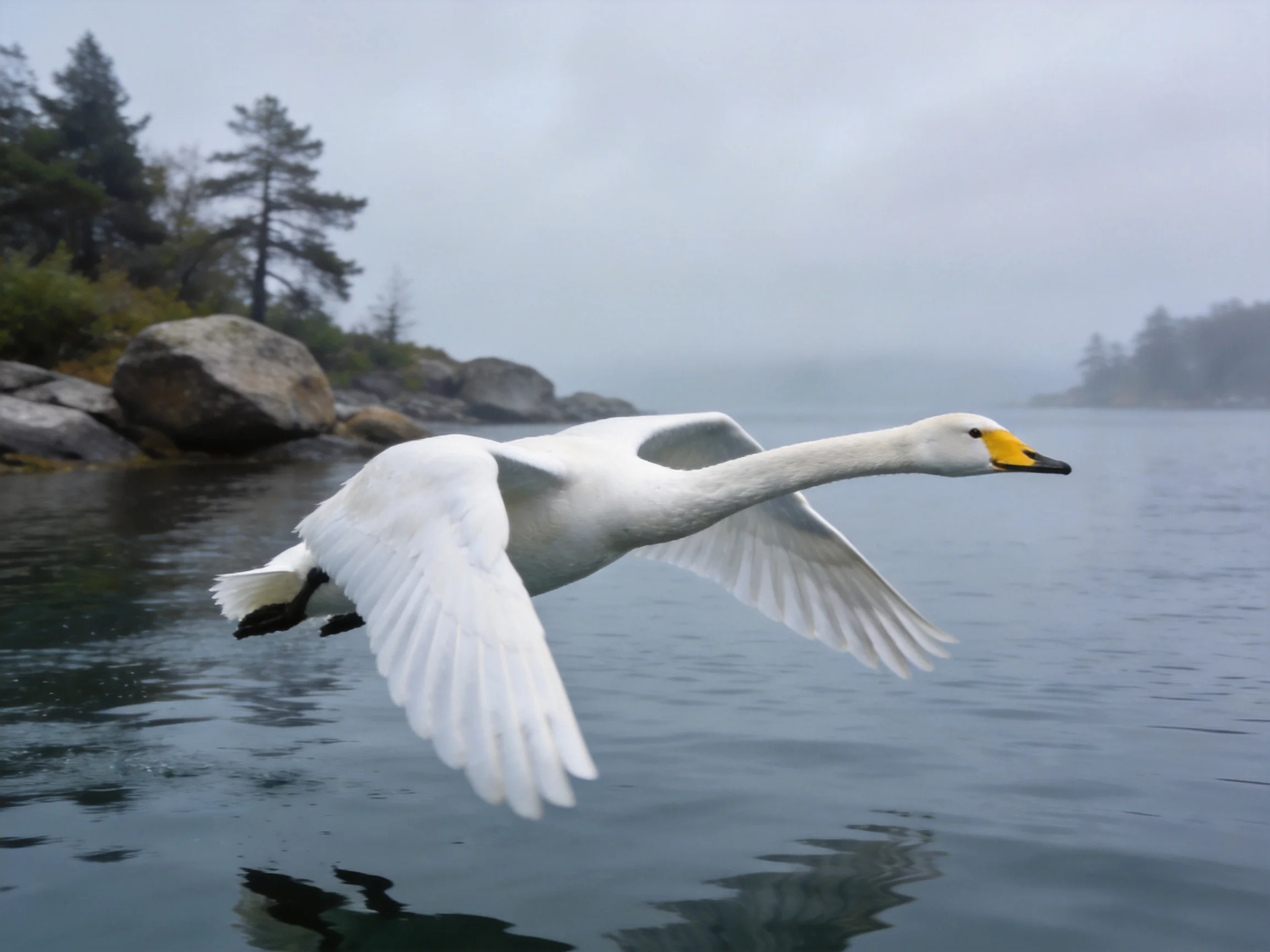 A white swan glides over a misty lake beside rocky terrain