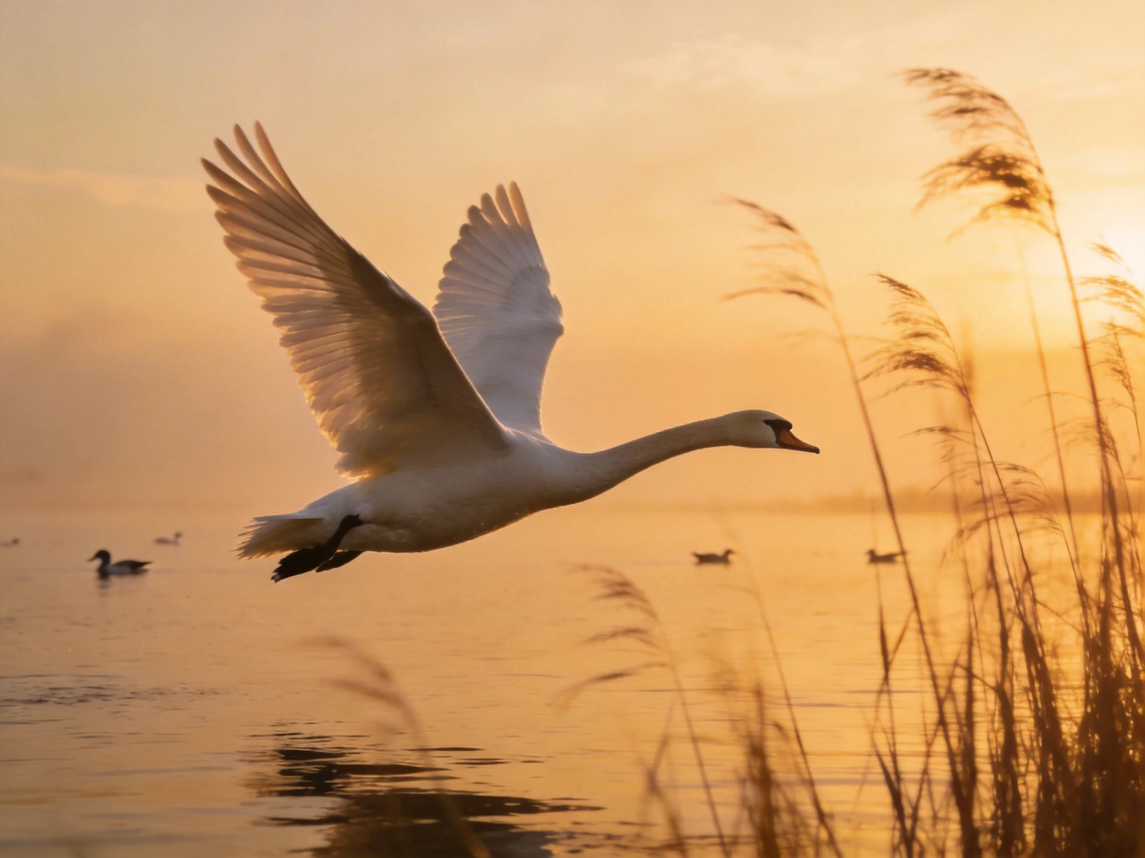 A white swan glides over misty waters at golden hour