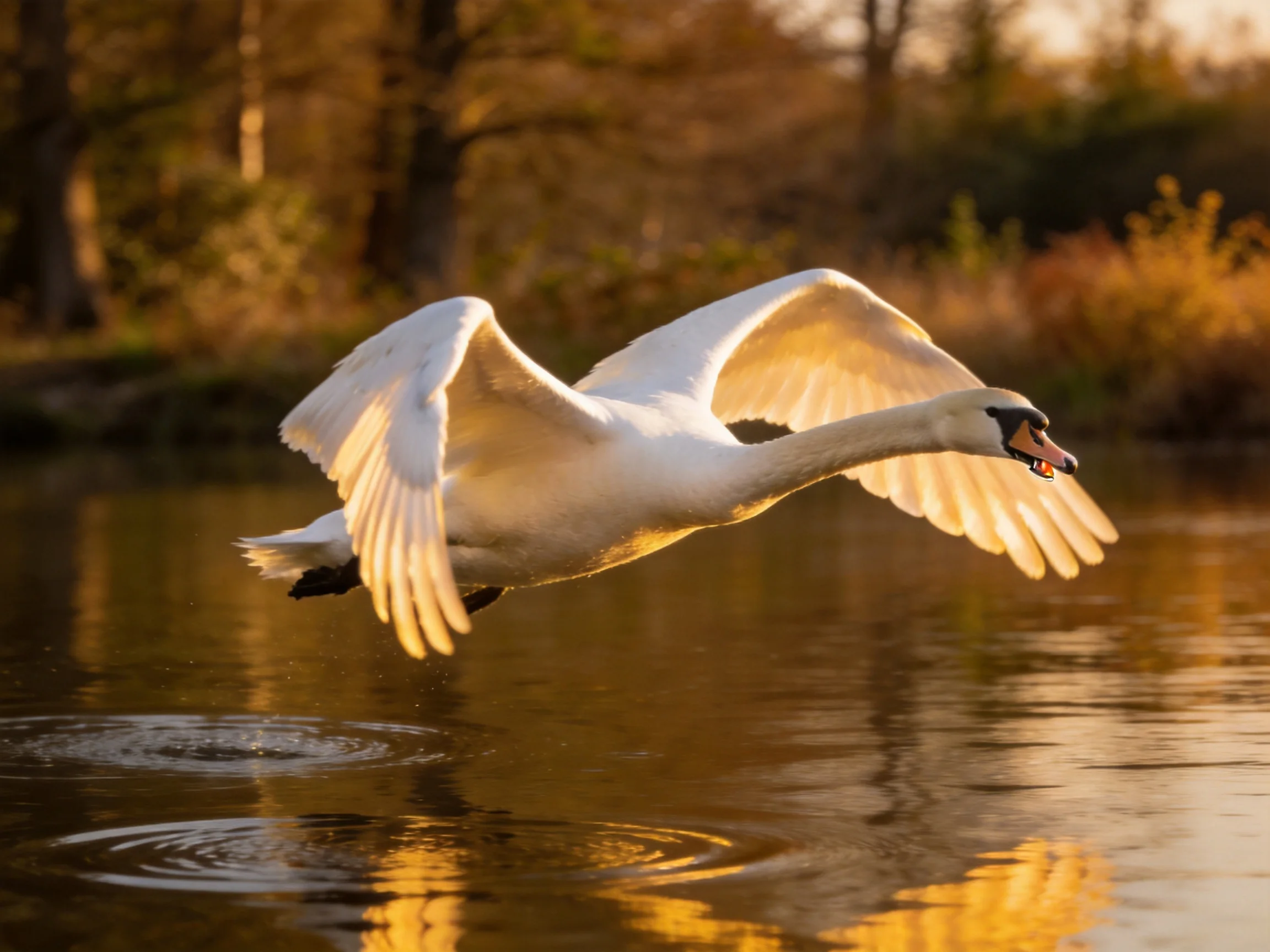 A white swan glides over reflective water at golden hour