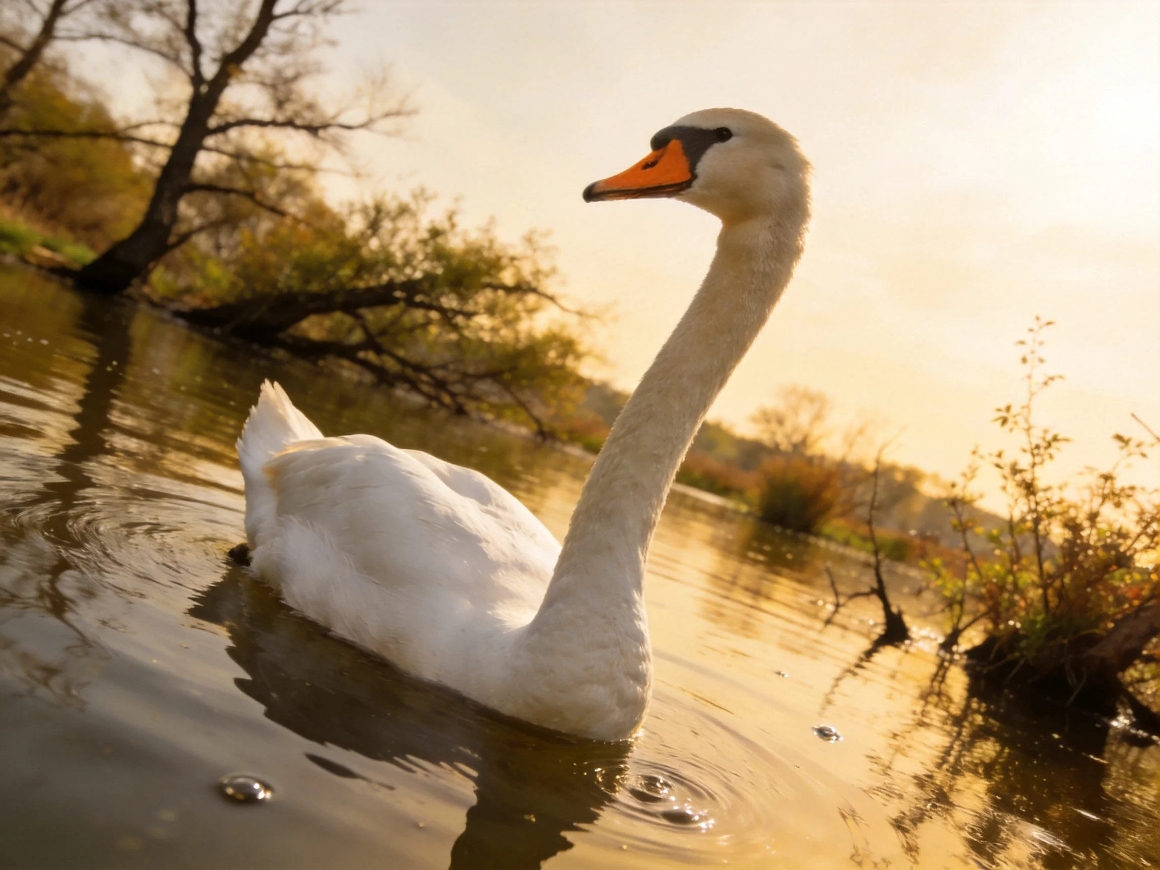 A white swan glides through golden-hued water near leafy trees