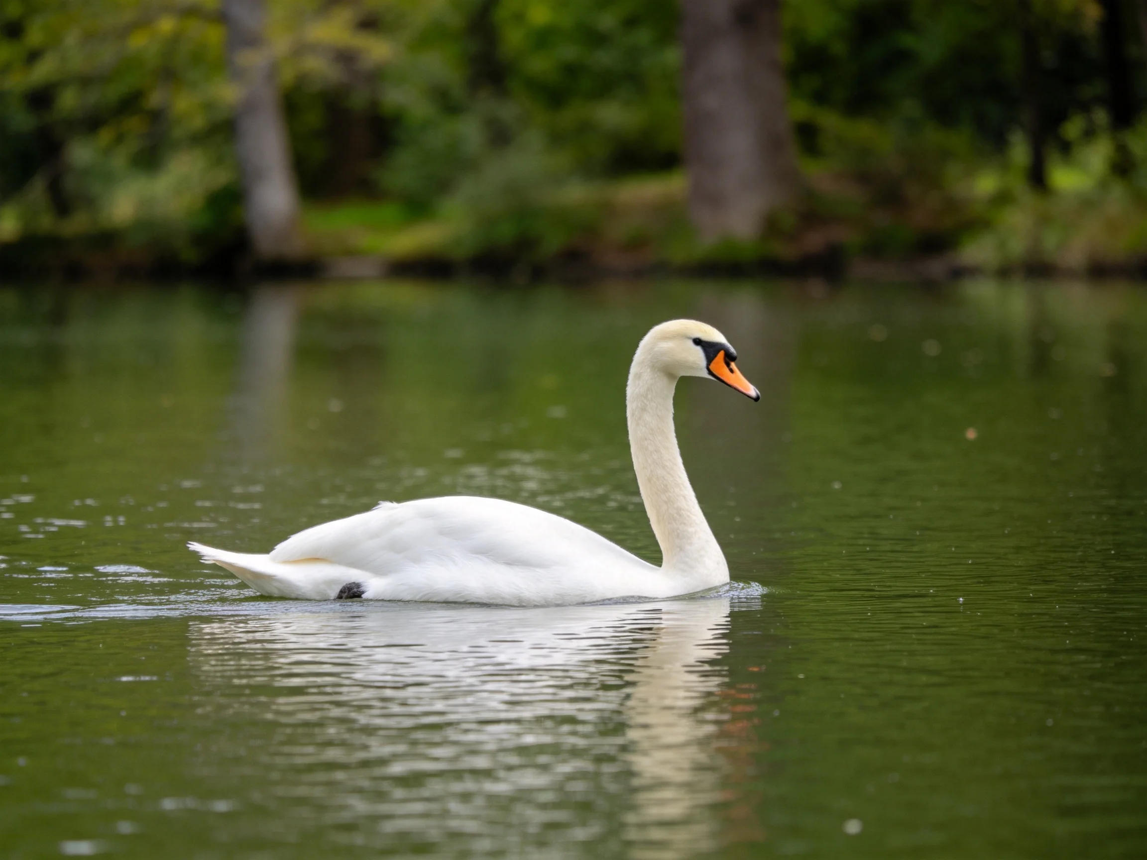 A white swan gliding across calm green water near forested shoreline